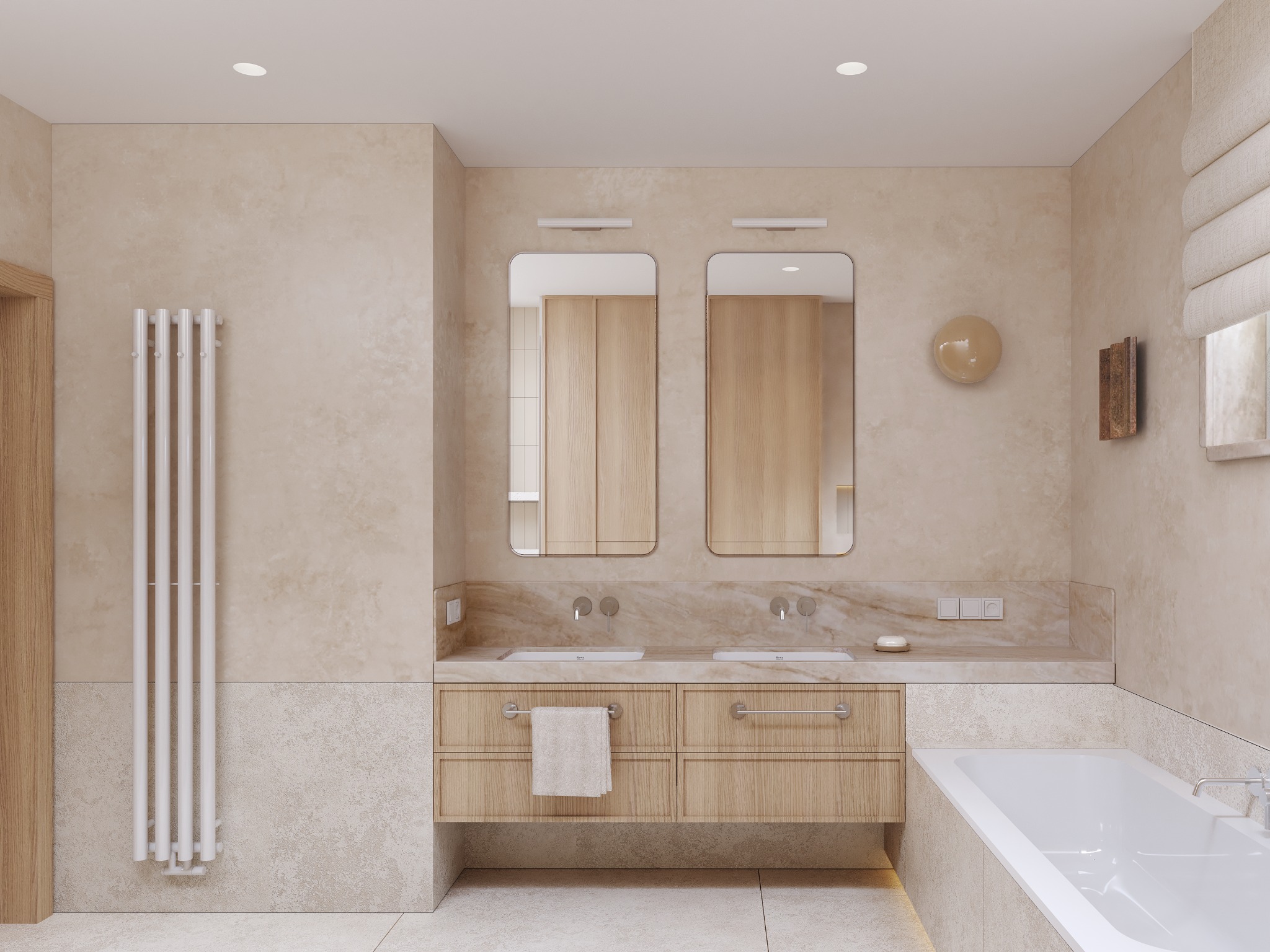 Jasna łazienka z dwoma umywalkami, drewnianą szafką i grzejnikiem drabinkowym. Beżowe ściany z fakturą i minimalistyczne oświetlenie.