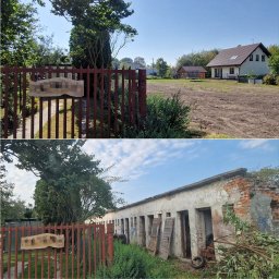 DACAR SPÓŁKA Z OGRANICZONĄ ODPOWIEDZIALNOŚCIĄ - Zdjęcie 'przed i po' ukazujące teren: zarośnięty budynek przed rozbiórką i wyrównany teren z nowym domem w tle. Czerwone ogrodzenie z drewnianą tabliczką.
