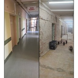 DACAR SPÓŁKA Z OGRANICZONĄ ODPOWIEDZIALNOŚCIĄ - Zdjęcie 'przed i po' rozbiórki ścian w korytarzu szpitalnym w Pruszkowie. Po lewej stan pierwotny, po prawej ściany z cegły po usunięciu tynku, widoczne narzędzia.