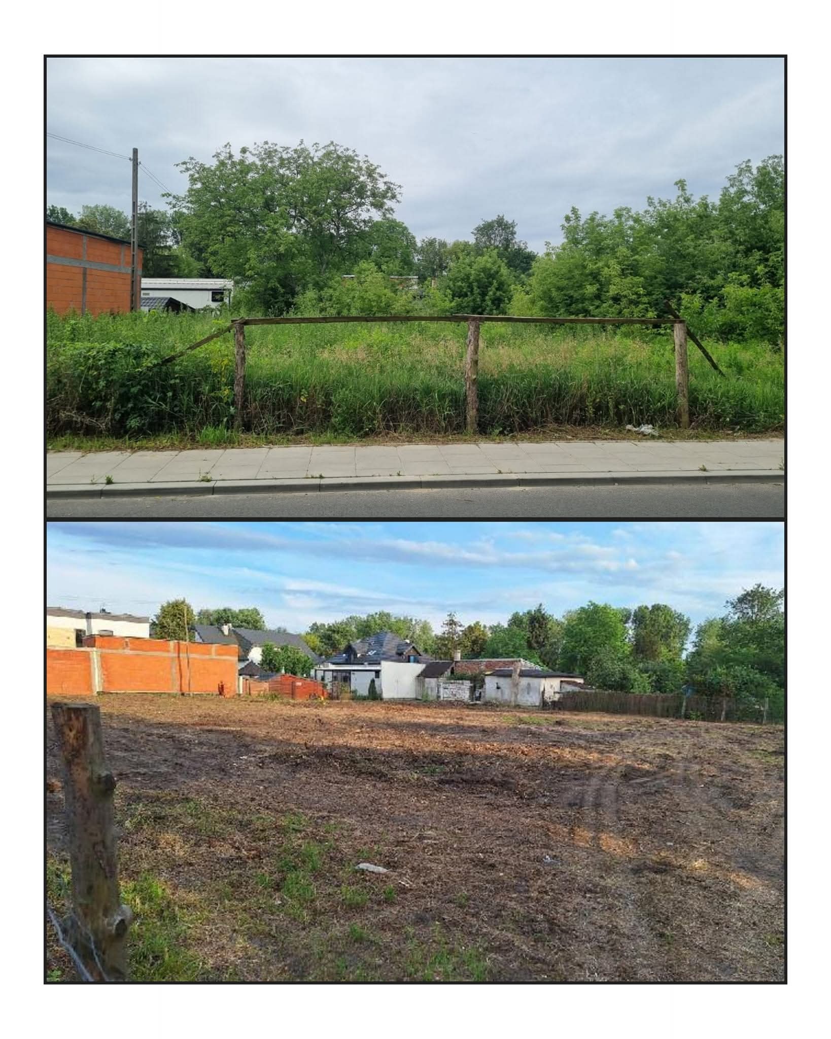 Dwa ujęcia terenu: górne - zarośnięta działka z resztkami ogrodzenia, dolne - teren po wycince, przygotowany pod budowę, widoczne ślady opon.