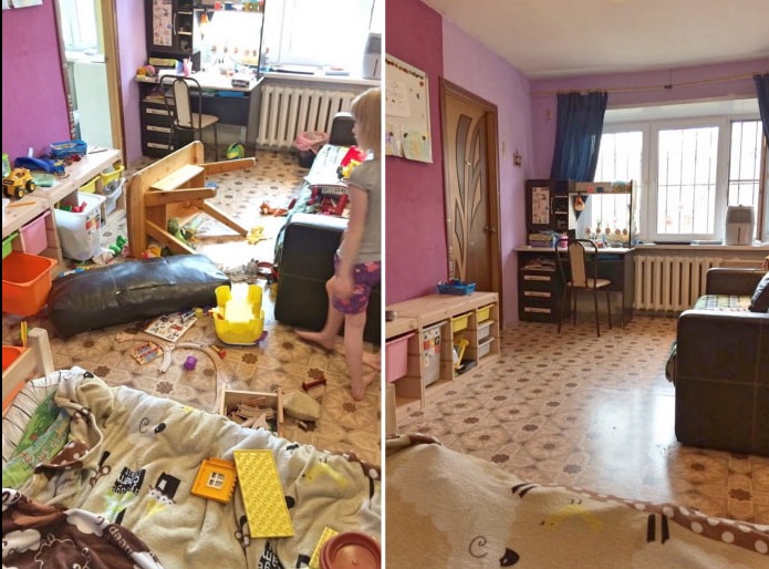 Pokój dziecięcy przed i po sprzątaniu: bałagan z zabawkami kontra uporządkowana przestrzeń z biurkiem i regałami. Widoczne okno z zasłonami i fragment sofy.