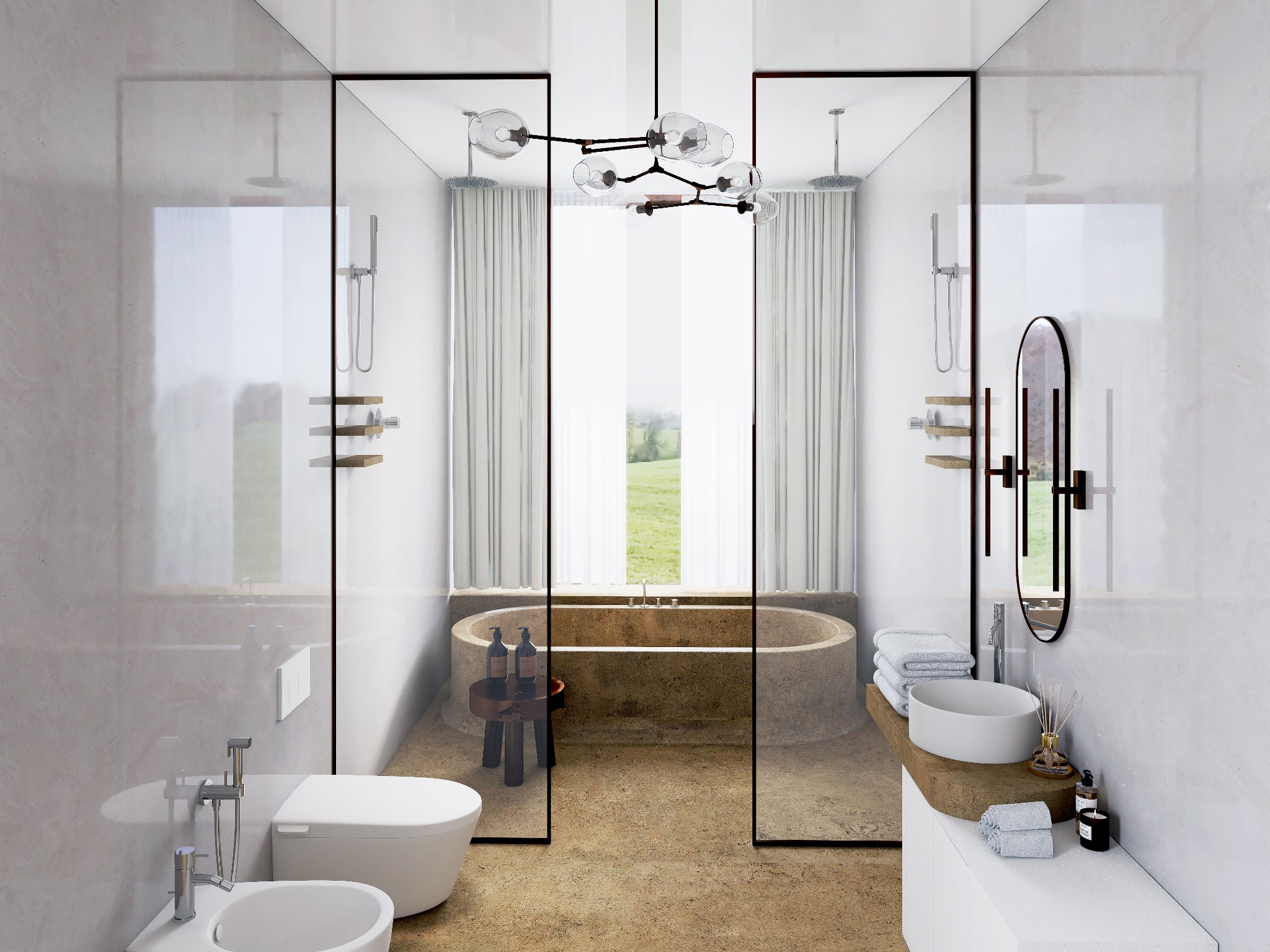 Nowoczesna aranżacja łazienki w Warszawie z wanną z kamienia, kabiną prysznicową ze szklanymi drzwiami i minimalistyczną armaturą, oświetlona designerską lampą.