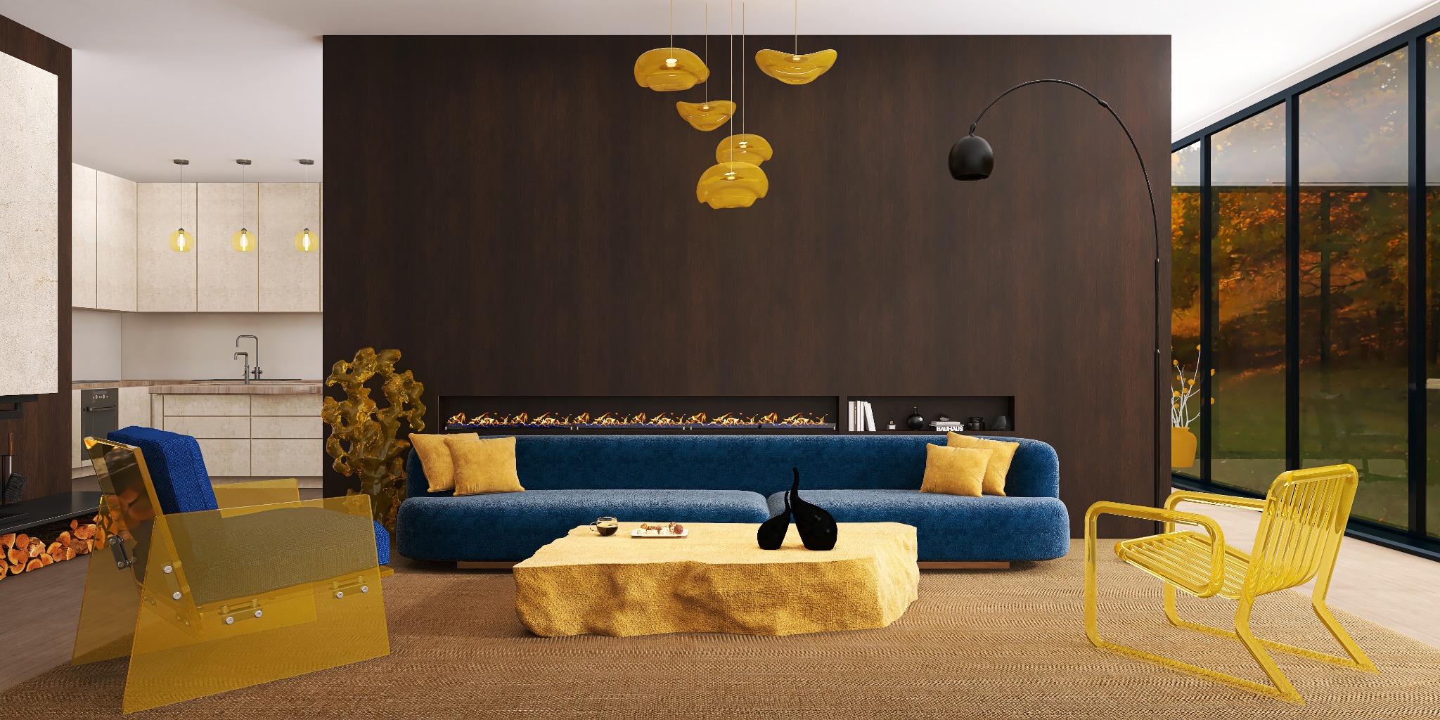 Nowoczesny salon z niebieską sofą, żółtym stolikiem i krzesłami. W tle kominek i otwarta kuchnia. Całość w ciepłej kolorystyce z akcentami złota.