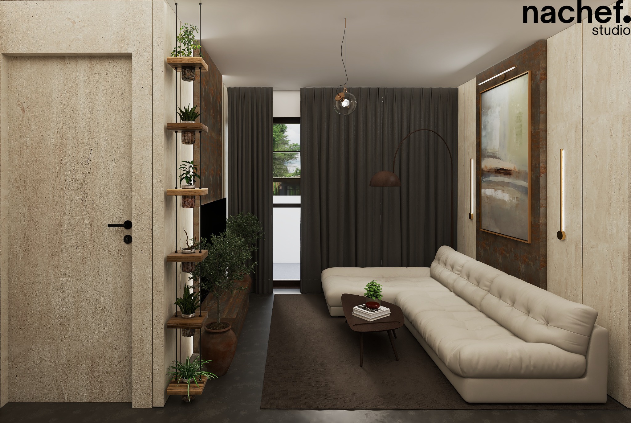 Nowoczesny salon z narożną sofą, drewnianymi półkami z roślinami i abstrakcyjnym obrazem. Stonowana kolorystyka, minimalistyczny design, oświetlenie punktowe.