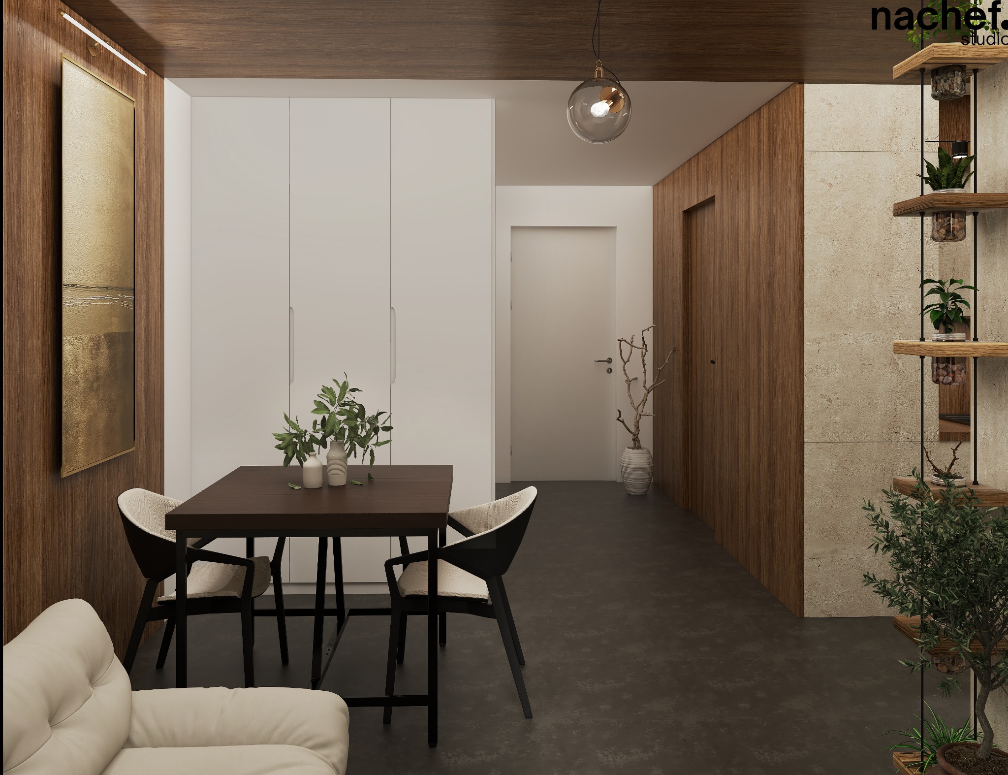 Nowoczesna jadalnia z drewnianymi akcentami: stół z roślinami, białe krzesła, zabudowa szaf, drewniana ściana z półkami i dekoracyjna lampa wisząca.