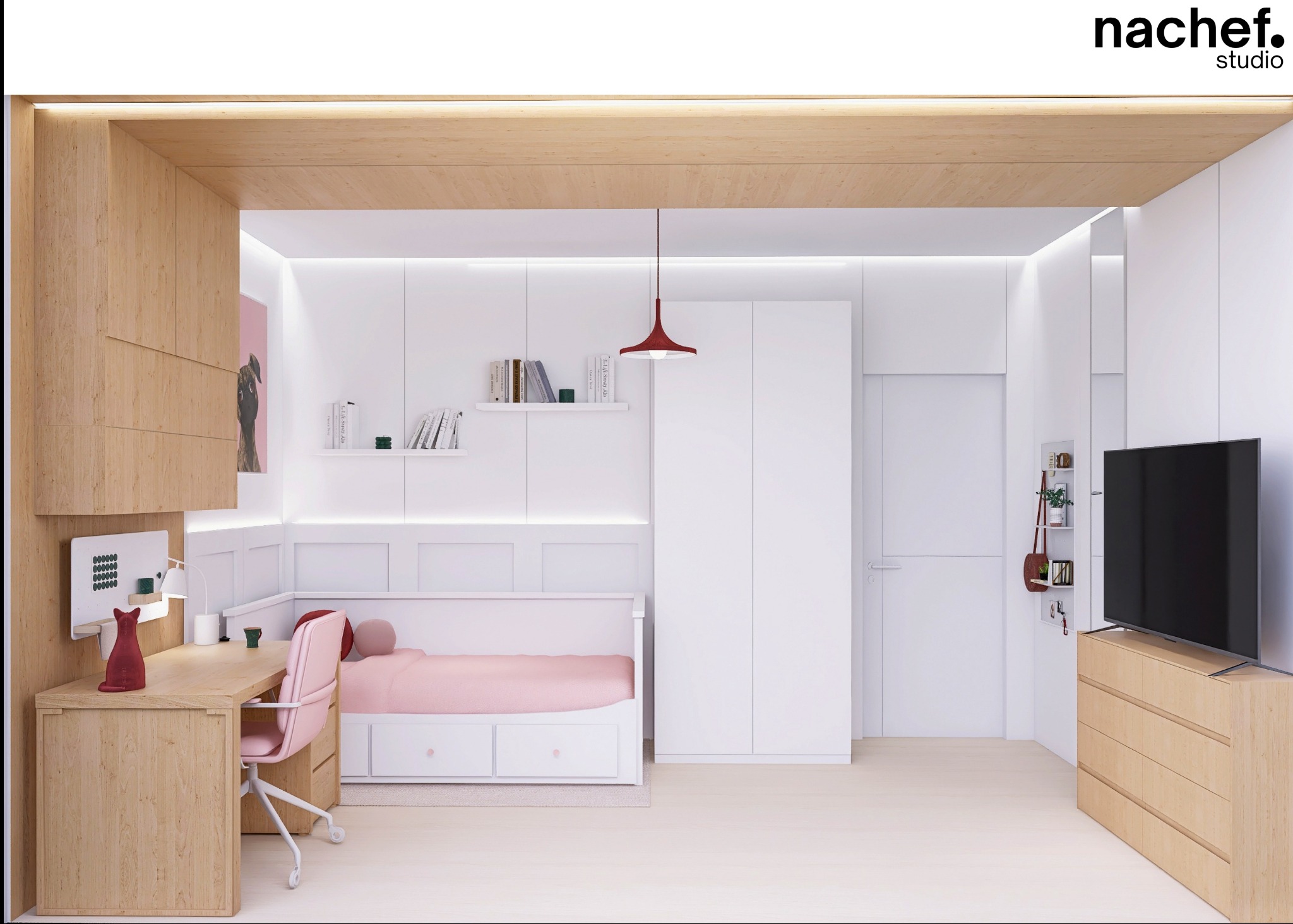 Jasne wnętrze pokoju dziecięcego z biurkiem, łóżkiem i szafą w zabudowie. Minimalistyczny design z akcentami różu i drewna. Oświetlenie LED podkreśla nowoczesny charakter.