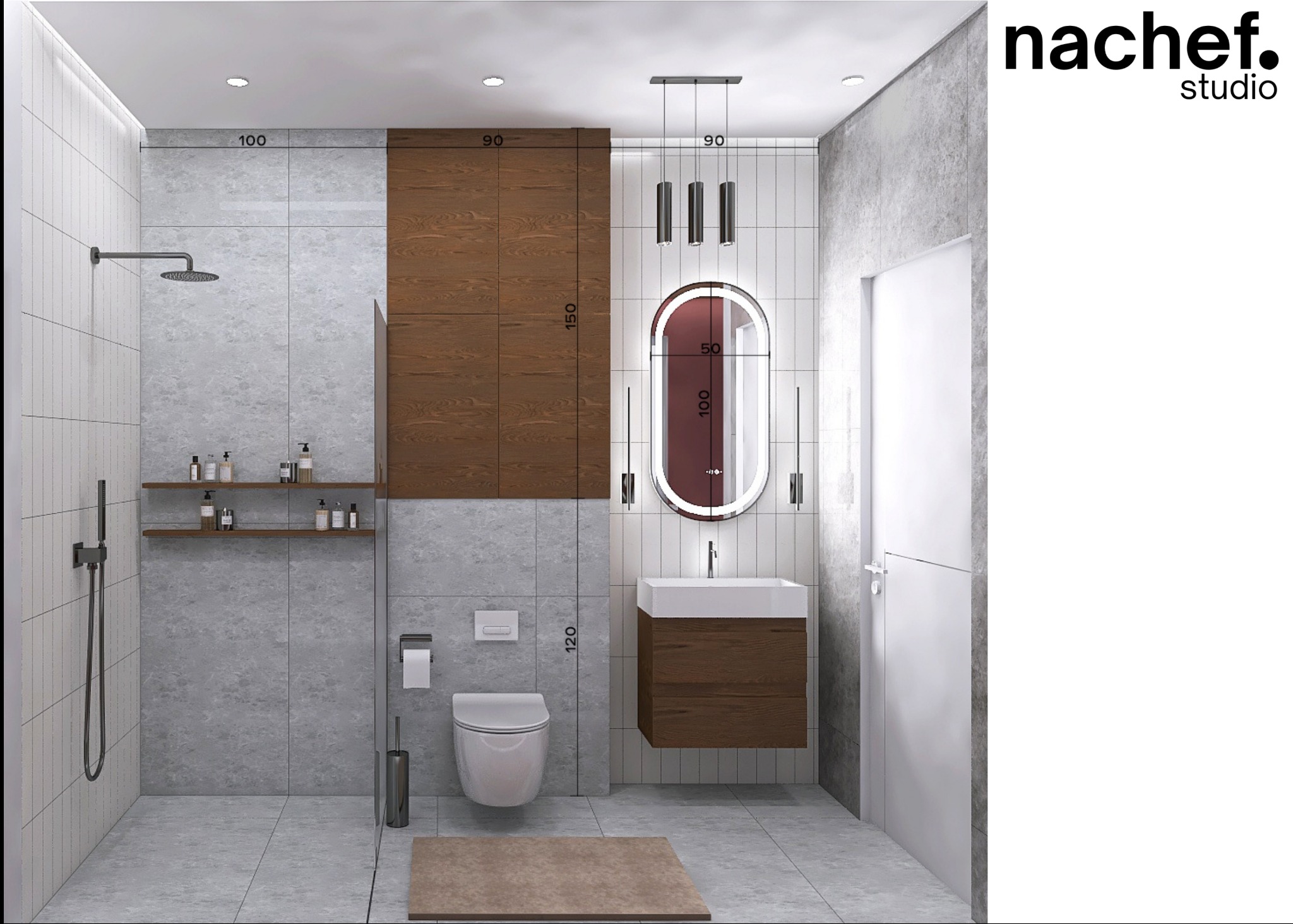 Wizualizacja łazienki z kabiną prysznicową, toaletą i umywalką z szafką w odcieniach szarości i brązu. Na ścianach płytki imitujące beton i drewno. Oświetlenie punktowe i wiszące.
