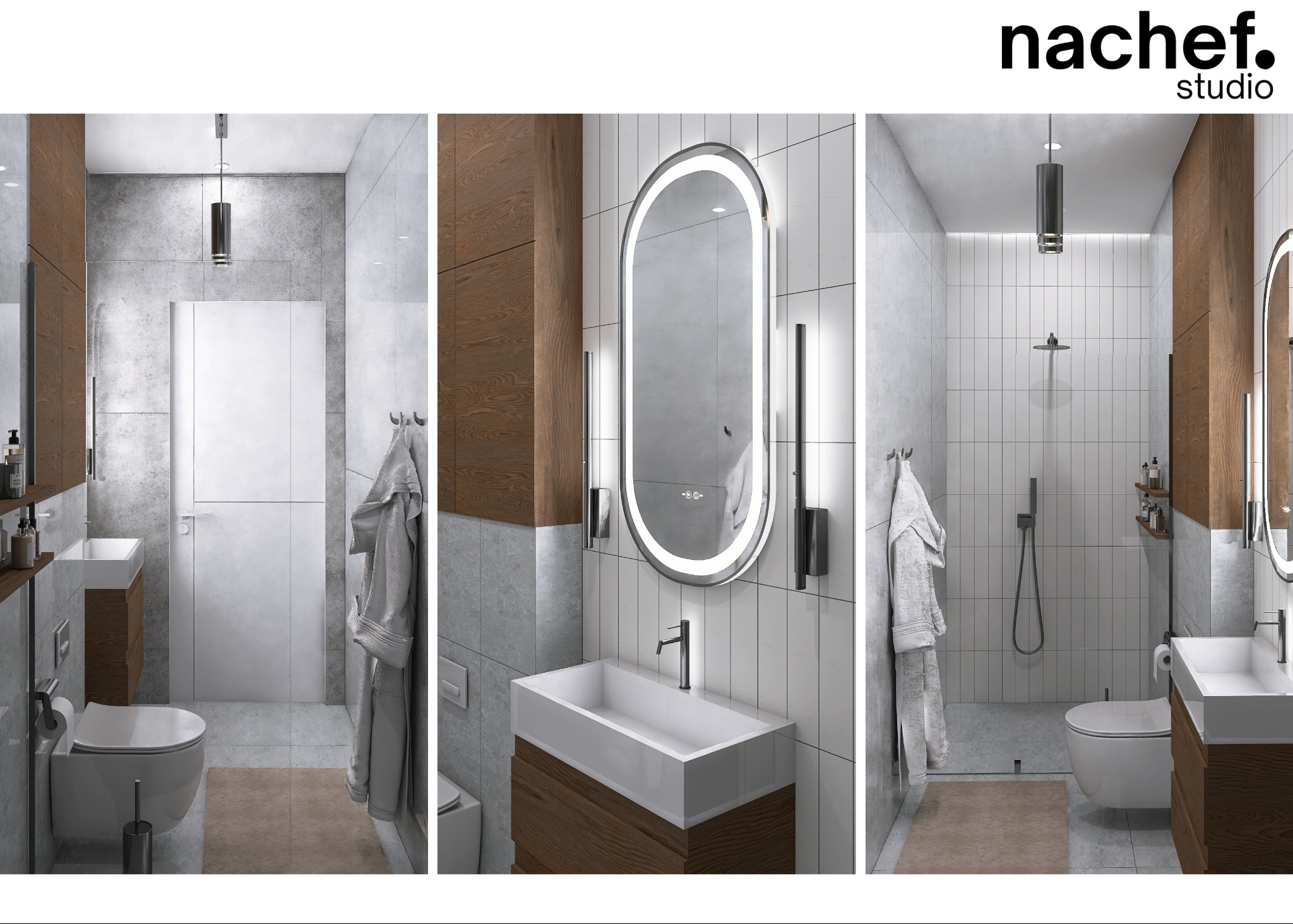 Wizualizacja nowoczesnej łazienki z drewnianymi akcentami, owalnym lustrem z podświetleniem LED i minimalistyczną armaturą. Widok na kabinę prysznicową i toaletę.