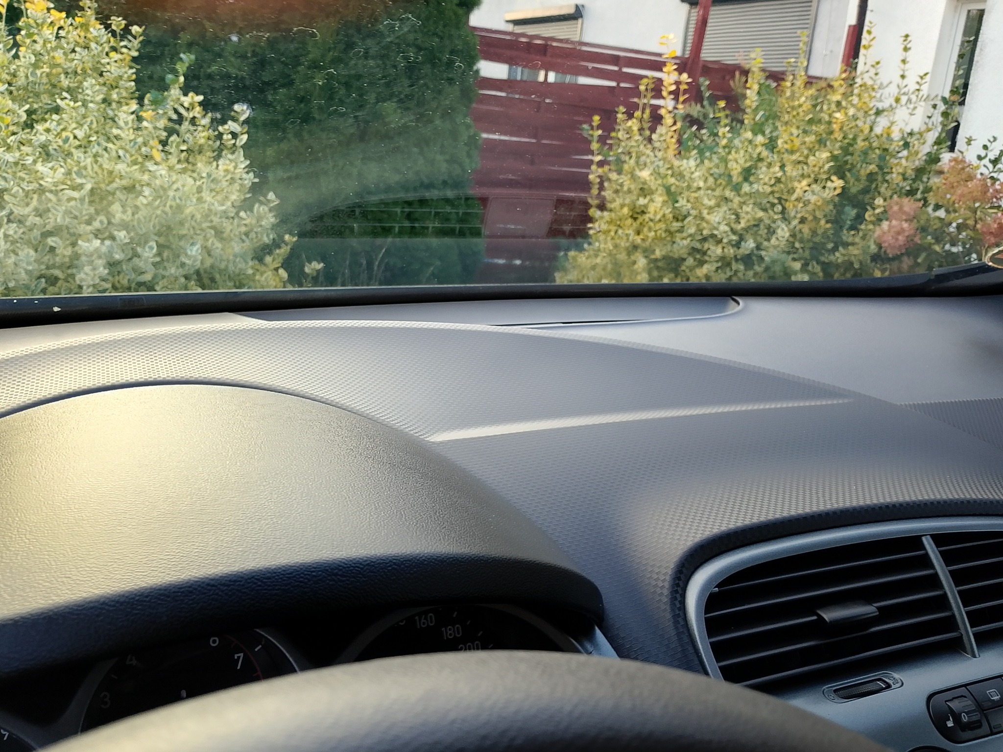 Widok z wnętrza auta na zarośnięty ogród z drewnianym płotem. Krzewy z żółtymi liśćmi i fragment domu w tle. Szyba auta lekko zabrudzona.