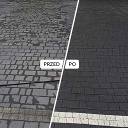 Jakub Mikuszek - Kostka brukowa po czyszczeniu wysokociśnieniowym: widoczna różnica między brudną (PRZED) a czystą (PO) powierzchnią. Efekt hydrofobowy i odnowiony wygląd.