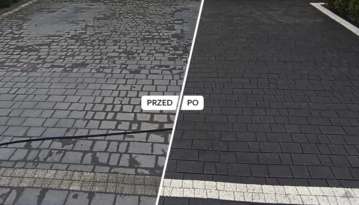 Kostka brukowa po czyszczeniu wysokociśnieniowym: widoczna różnica między brudną (PRZED) a czystą (PO) powierzchnią. Efekt hydrofobowy i odnowiony wygląd.
