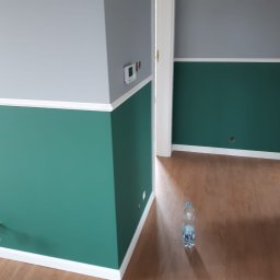 HDLT Sp. z o. o. Dział wykończenia wnętrz i remontów - Pomieszczenie po malowaniu ścian na szaro i zielono, z białymi listwami przypodłogowymi i ozdobnymi. Na podłodze butelka wody.