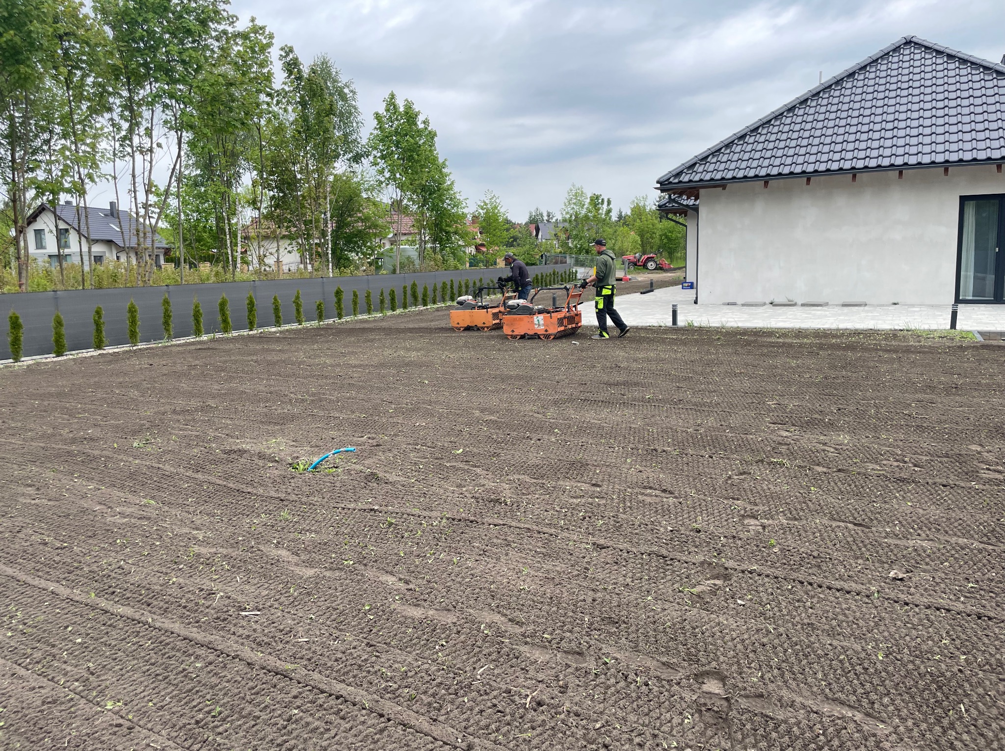 Przygotowanie gruntu pod trawnik: dwóch mężczyzn używa walców spalinowych na dużej działce przy nowoczesnym domu. Widoczne ślady walcowania i fragment niebieskiego węża.