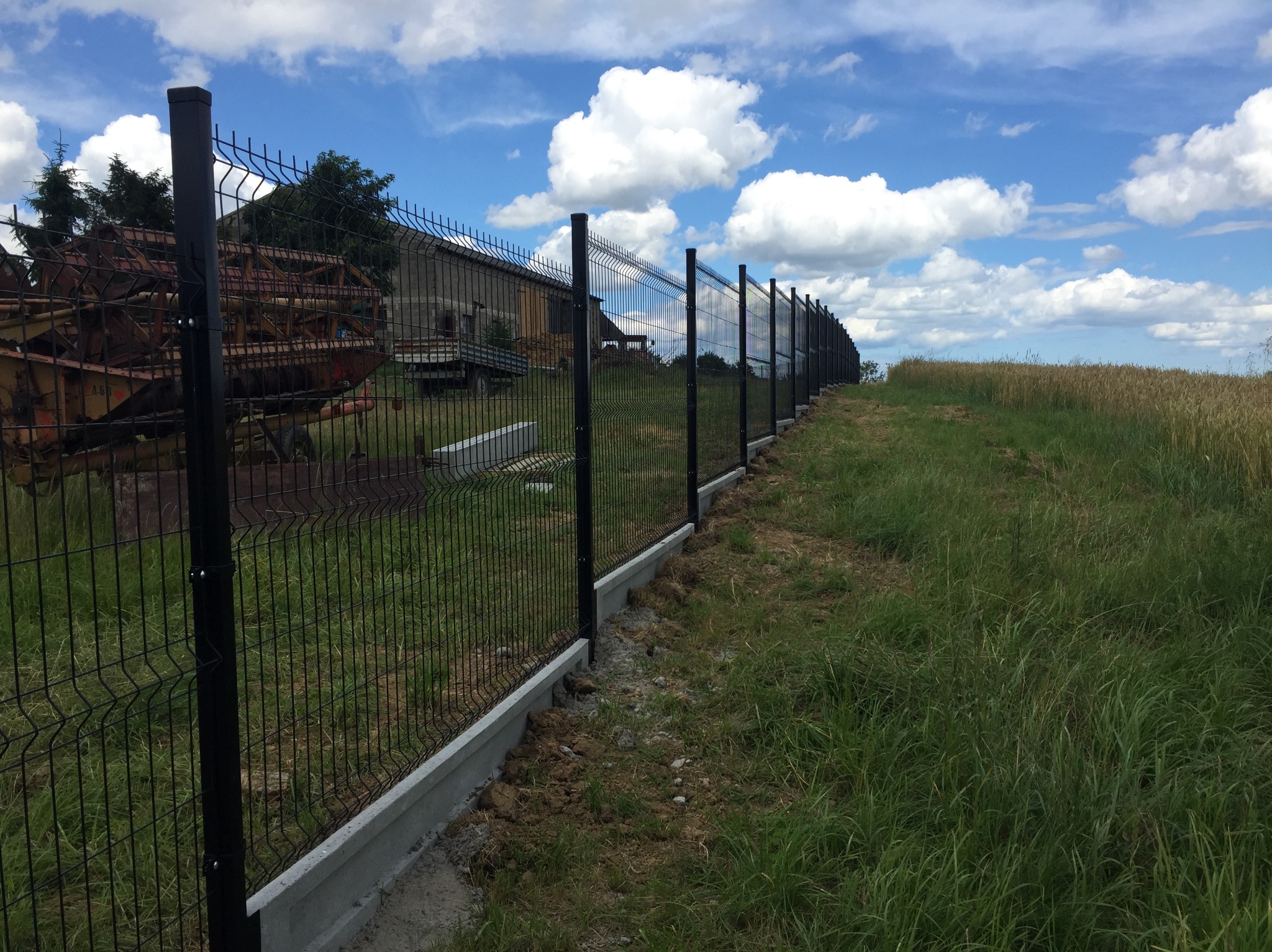 Długi, czarny, metalowy płot panelowy z betonową podmurówką, oddzielający łąkę od zabudowań gospodarczych w słoneczny dzień.