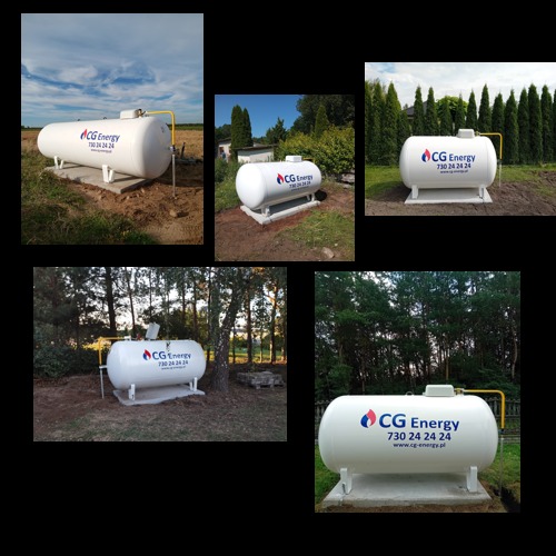 Kompilacja zdjęć białych zbiorników gazowych CG Energy na betonowych podstawach, z żółtymi rurami, w różnych lokalizacjach zewnętrznych, w tym pola i ogrody.