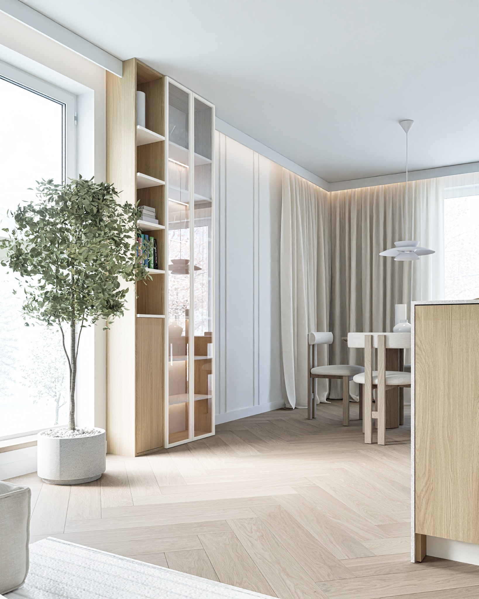 Jasne, minimalistyczne wnętrze z parkietem w jodełkę, regałem z podświetleniem i rośliną w donicy przy oknie. Stonowana kolorystyka, naturalne materiały, elegancki design.