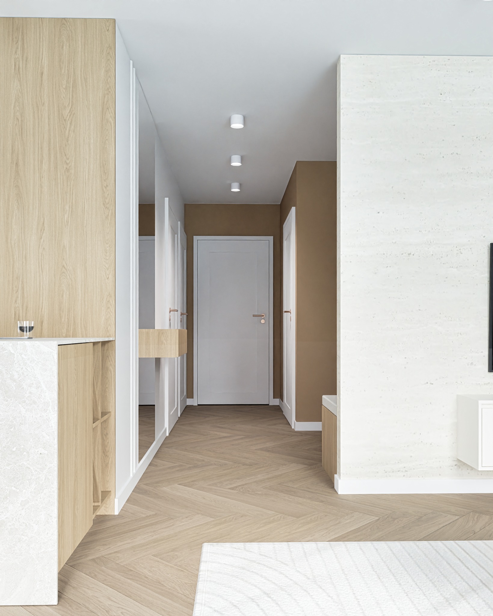 Nowoczesny przedpokój z parkietem w jodełkę, białymi drzwiami i szafą z lustrem. Minimalistyczne oświetlenie punktowe i beżowe akcenty kolorystyczne.