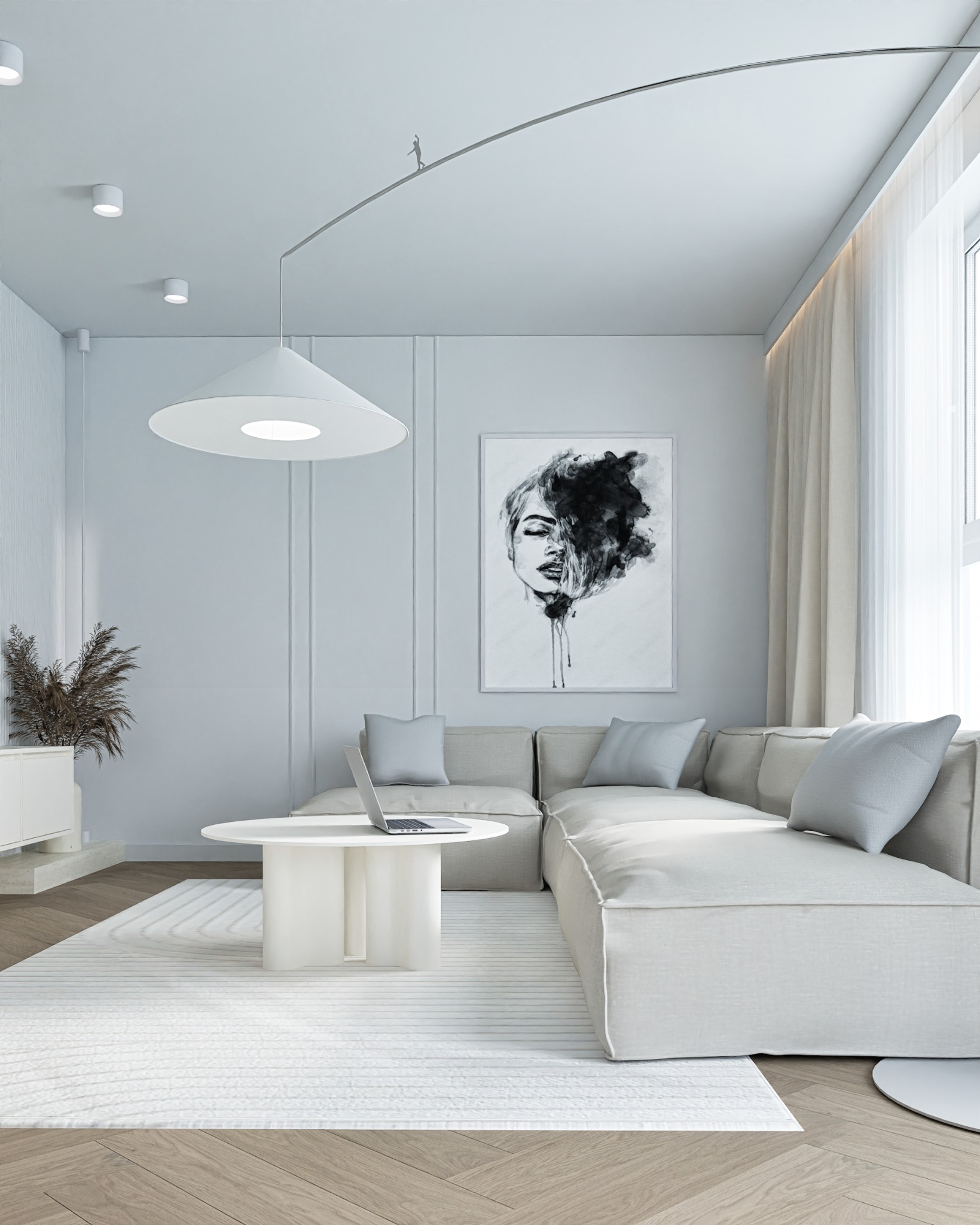 Jasne wnętrze salonu z narożną sofą, okrągłym stolikiem i abstrakcyjnym obrazem. Minimalistyczny design z drewnianą podłogą w jodełkę i lampą łukową.