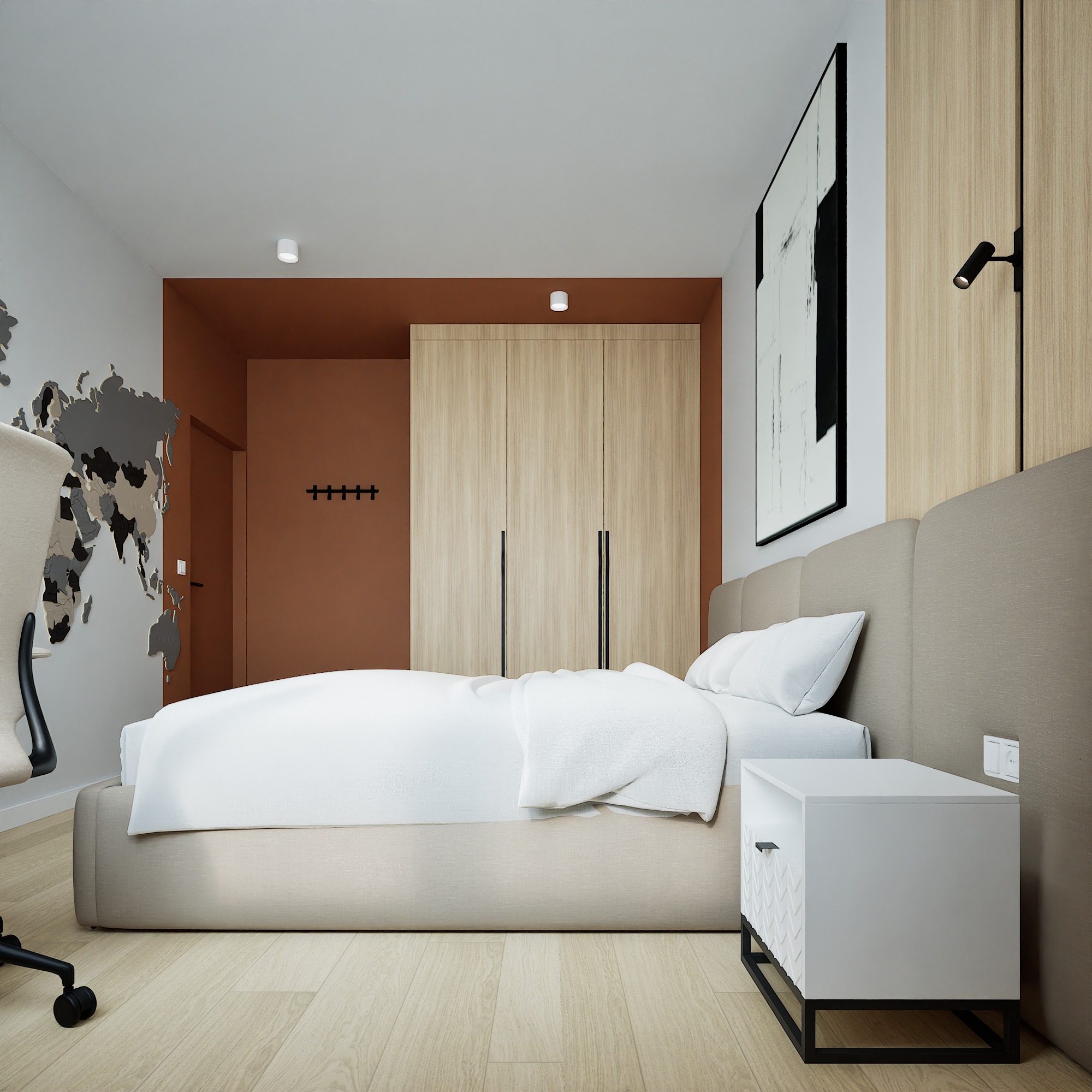 Nowoczesna sypialnia z łóżkiem, szafą z jasnego drewna i mapą świata na ścianie. Minimalistyczny design, ciepłe oświetlenie, drewniana podłoga i abstrakcyjny obraz.