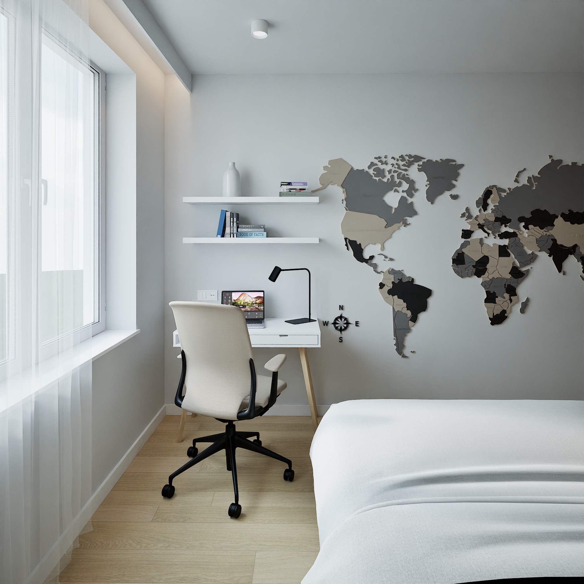 Jasny pokój z biurkiem, krzesłem i łóżkiem. Na ścianie mapa świata z drewna. Minimalistyczny design, naturalne światło z okna.
