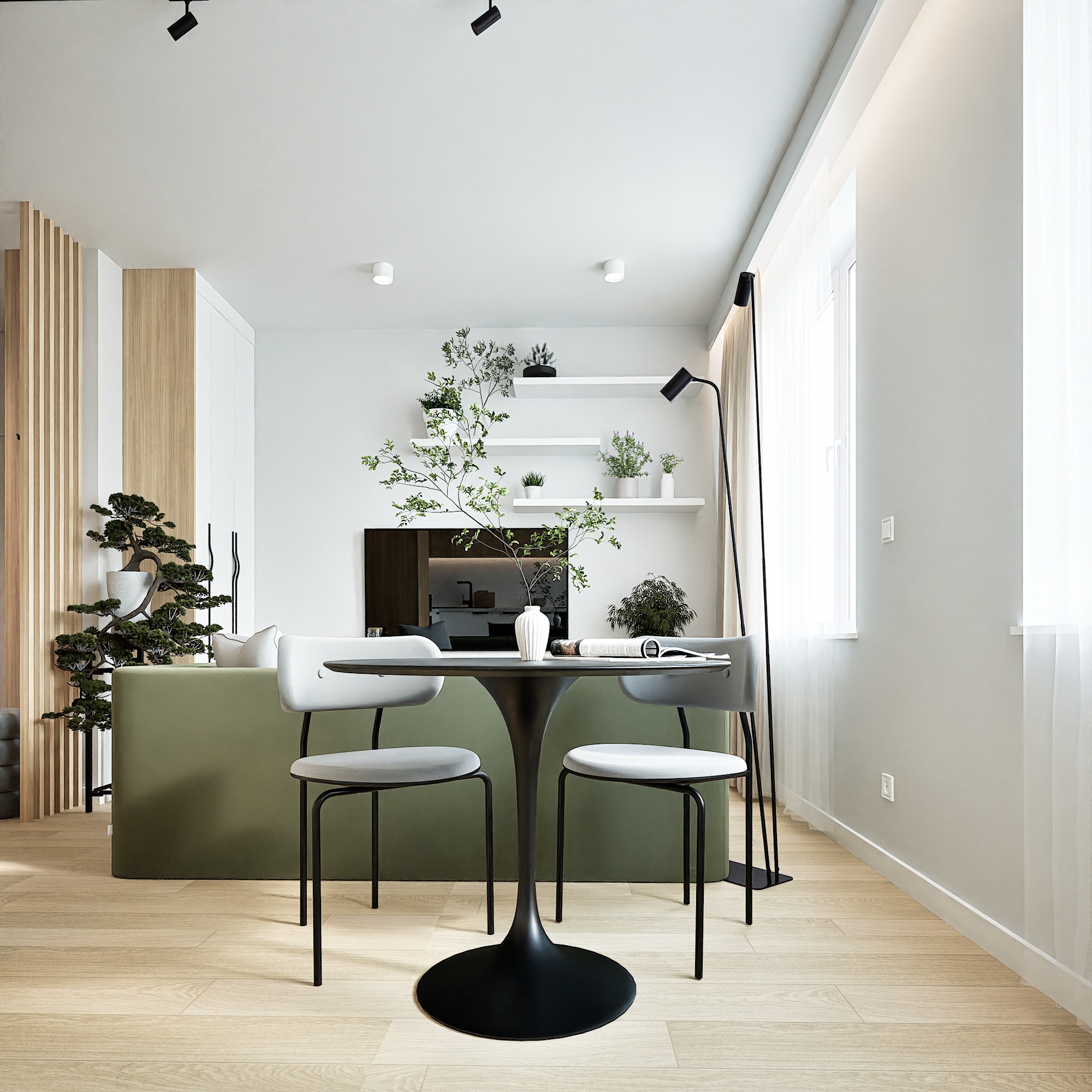 Jasne wnętrze z okrągłym stołem, zieloną sofą i roślinami na półkach. Minimalistyczny design z drewnianymi akcentami i naturalnym światłem.