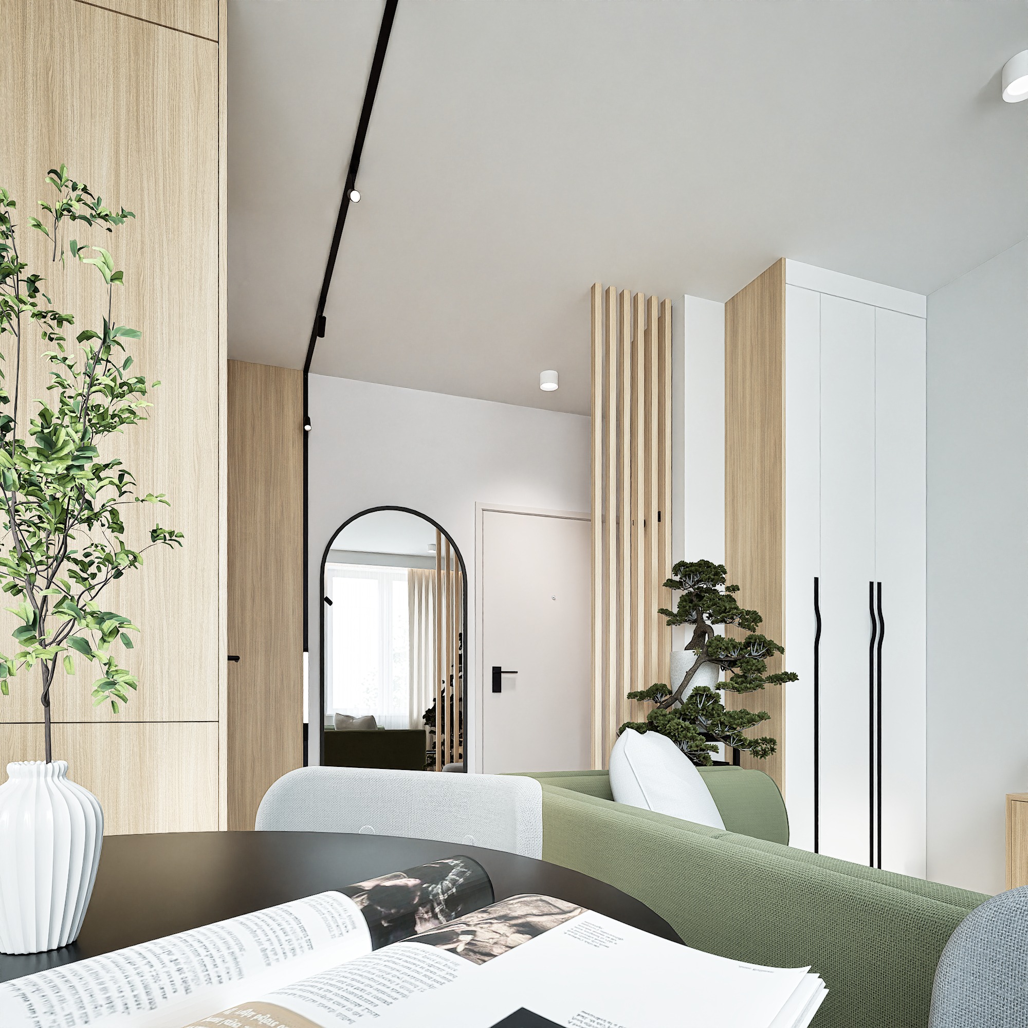 Nowoczesny salon z zieloną sofą, drewnianymi akcentami i roślinami. Na stole otwarta książka. Minimalistyczny design z dbałością o detale i naturalne światło.