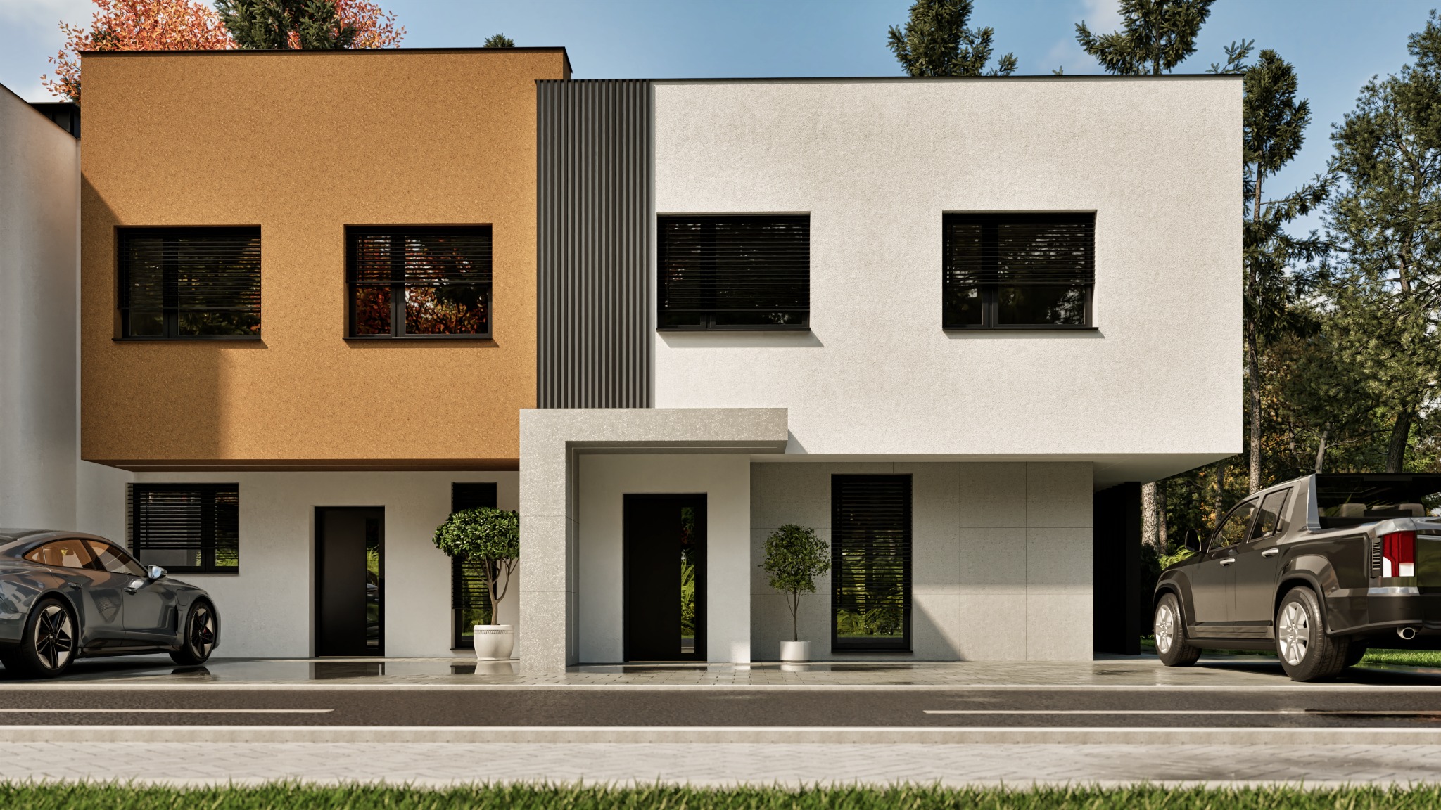 Dwukondygnacyjny dom z płaskim dachem, elewacją w odcieniach bieli i beżu, z czarnymi oknami i samochodami na podjeździe, otoczony zielenią.