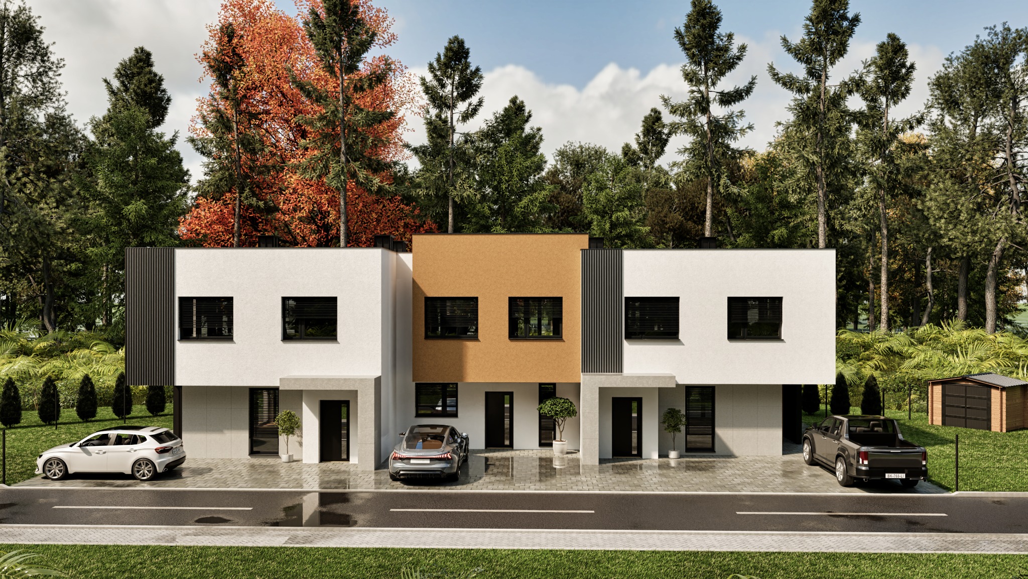 Wizualizacja szeregu nowoczesnych domów z płaskimi dachami, zieleń w tle, różne kolory elewacji, samochody zaparkowane przed budynkami, słoneczny dzień.