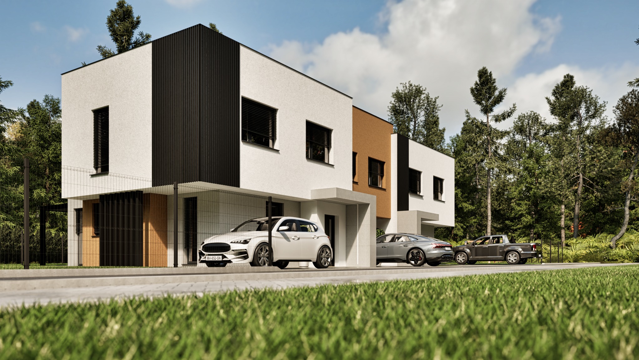 Wizualizacja szeregu nowoczesnych domów z płaskimi dachami, w odcieniach bieli, brązu i czerni, z trzema samochodami zaparkowanymi przed nimi. Otoczenie: zieleń drzew i trawnik.
