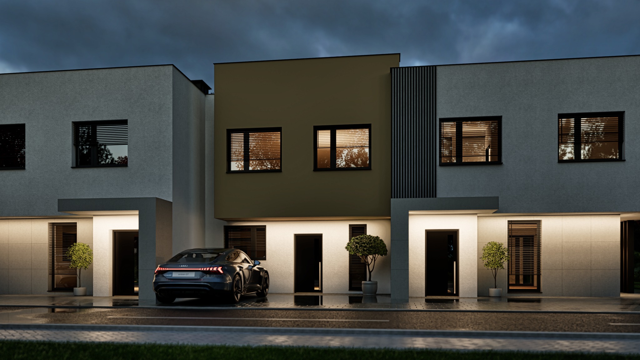 Nowoczesna elewacja szeregowca z podświetlonym wejściem i zaparkowanym samochodem Audi e-tron GT. Minimalistyczny design, wieczorne oświetlenie.