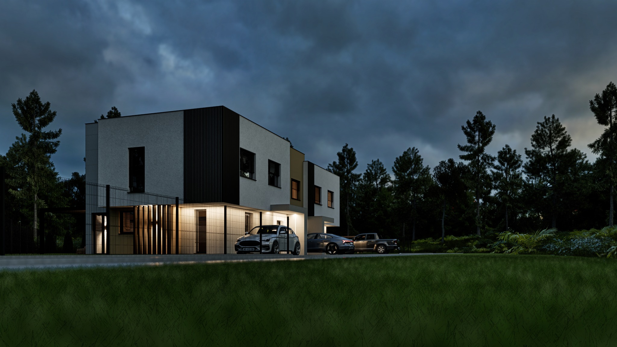 Nowoczesny dom z płaskim dachem oświetlony nocą, z trzema samochodami zaparkowanymi pod wiatą. Minimalistyczna elewacja w bieli i czerni na tle ciemnego nieba.
