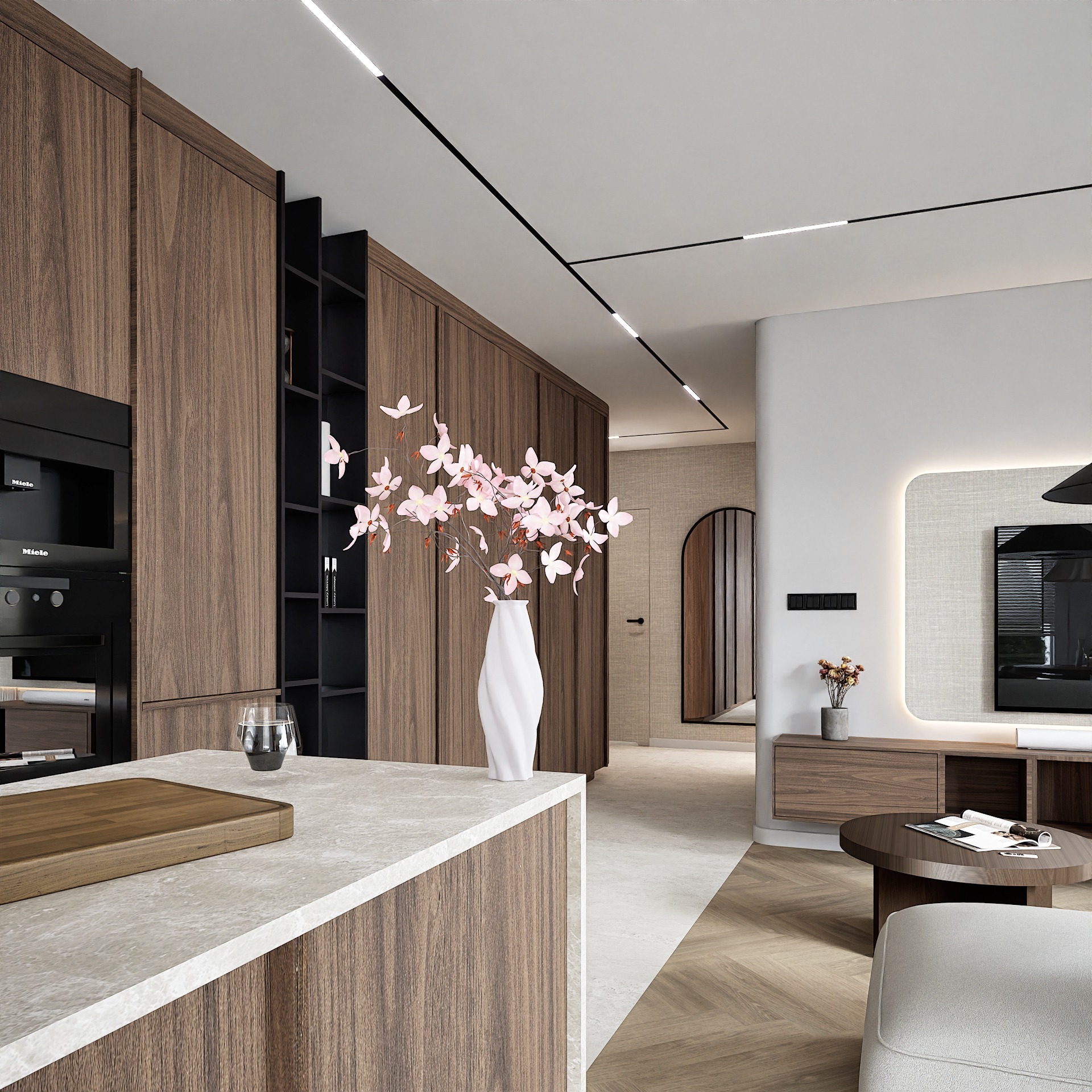 Nowoczesne wnętrze: drewniana zabudowa kuchenna z wyspą, biały wazon z kwiatami, parkiet w jodełkę, telewizor z podświetleniem. Minimalistyczny design, ciepłe oświetlenie.