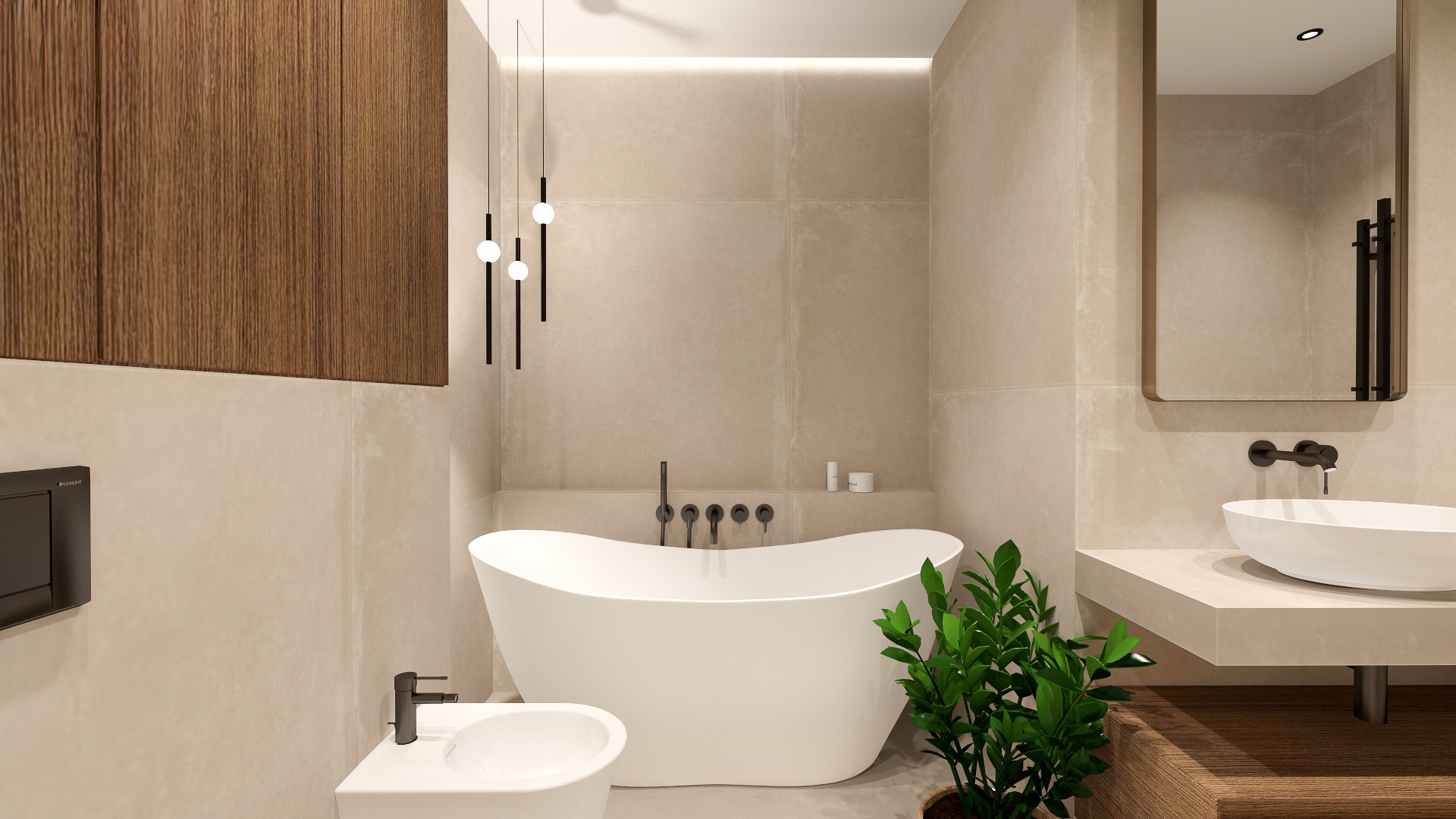 Elegancka łazienka w beżach z wolnostojącą wanną, minimalistyczną armaturą i drewnianymi akcentami. Uwagę zwraca wisząca lampa z trzema kulami i roślina doniczkowa.
