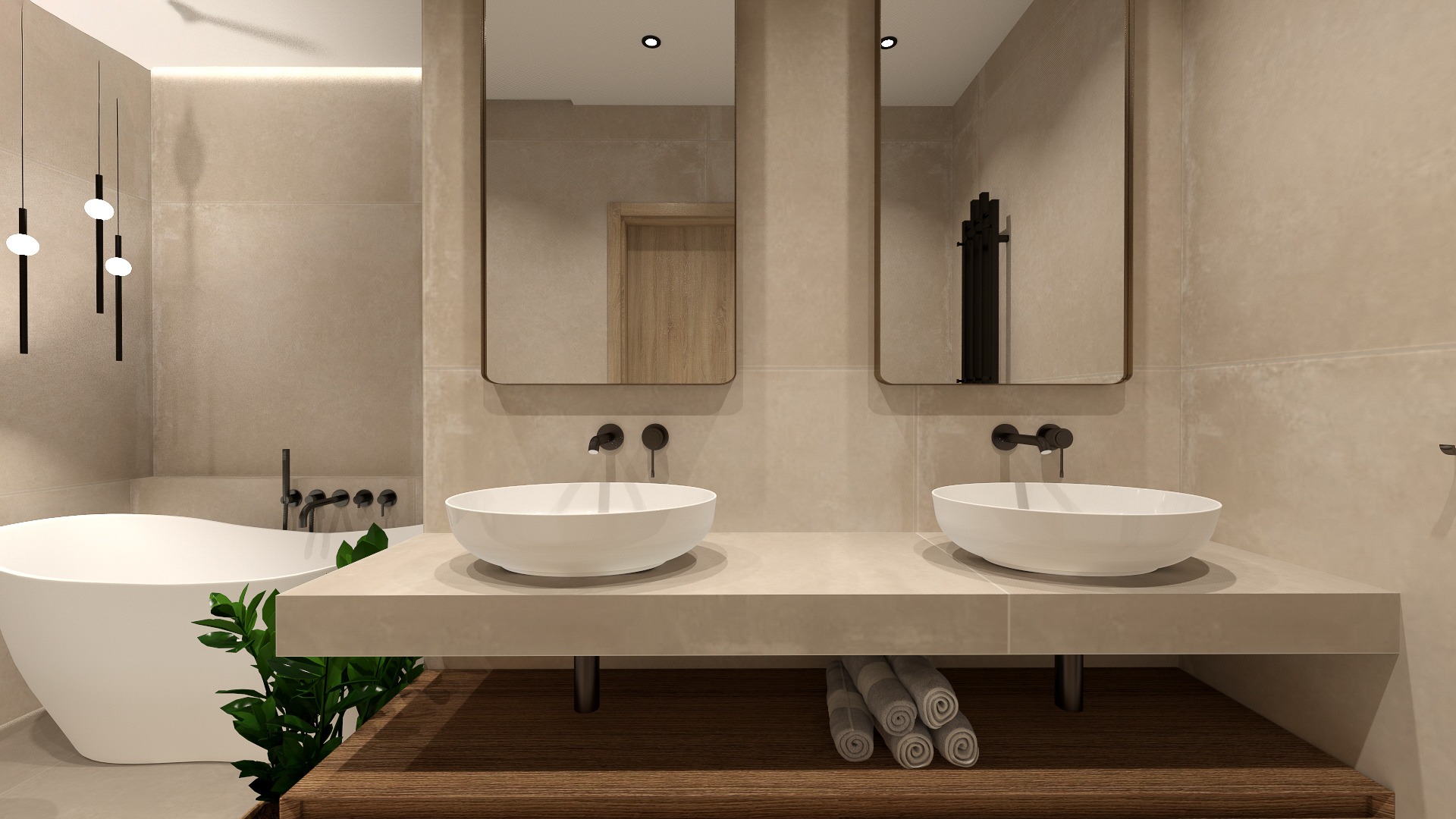 Beżowa łazienka z dwoma umywalkami nablatowymi, lustrami w cienkich ramach i minimalistyczną armaturą. Pod umywalkami drewniana półka z ręcznikami.