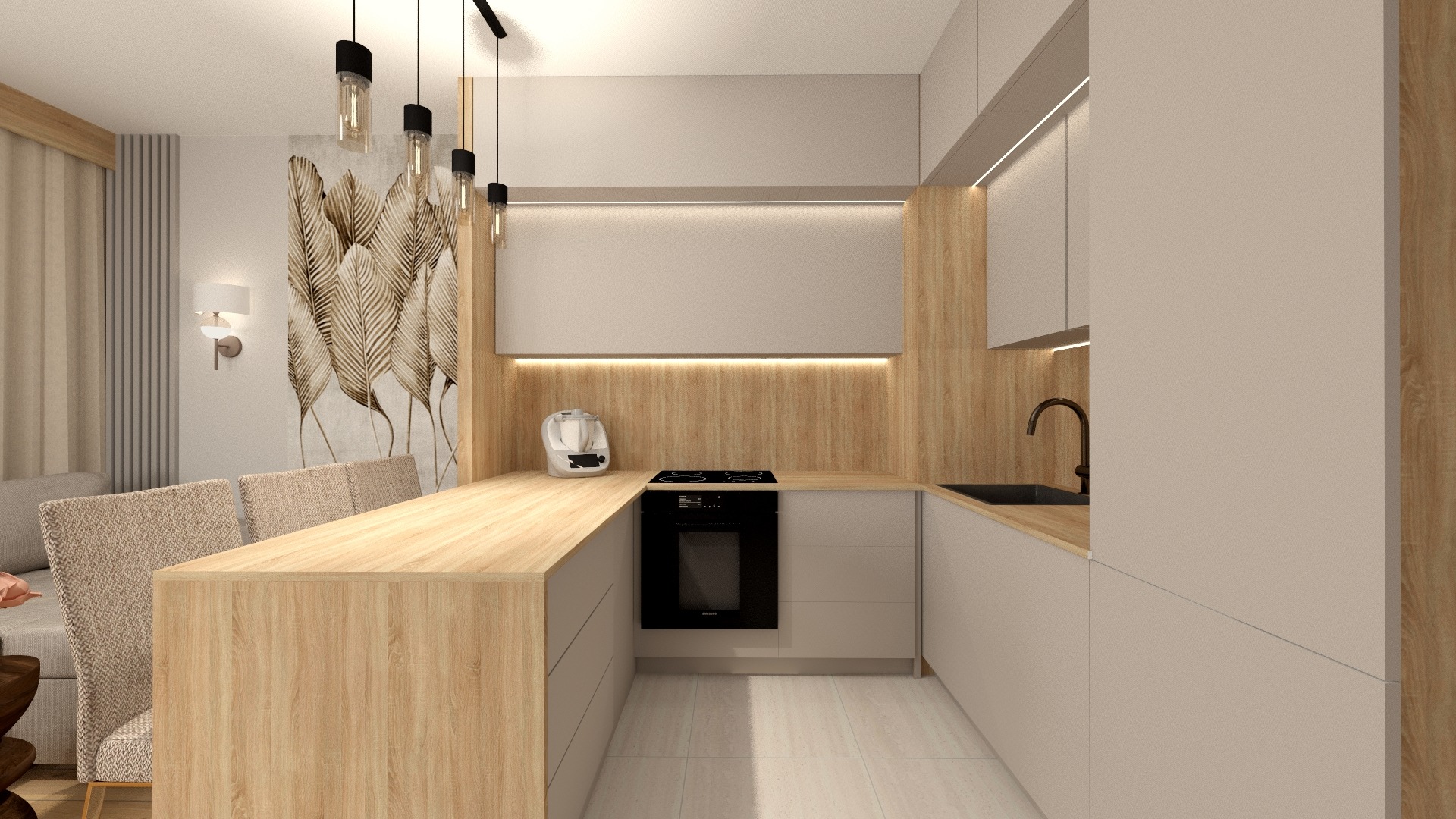 Beżowa kuchnia z drewnianym blatem i wyspą, oświetleniem LED pod szafkami i tapetą z motywem liści. Nowoczesny design z elementami naturalnymi.