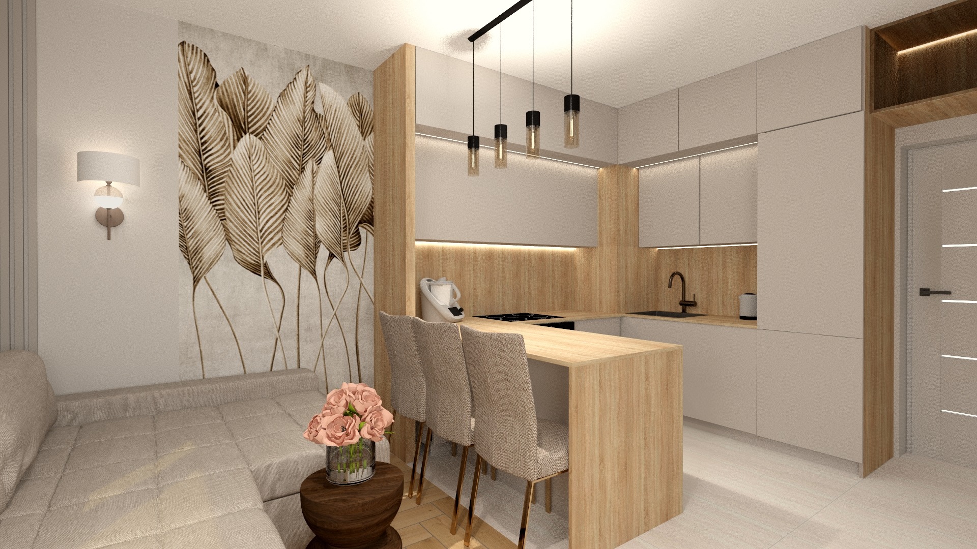 Beżowa kuchnia z wyspą i dekoracyjną tapetą w liście. Nad wyspą wiszą cztery lampy. Obok sofy stoi stolik z kwiatami. Całość w ciepłych, stonowanych barwach.