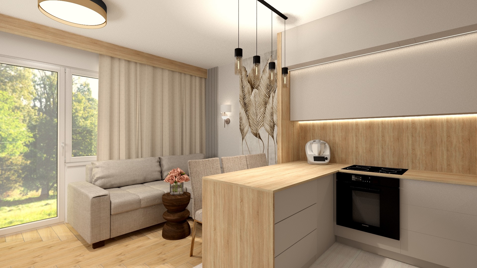 Jasne wnętrze z aneksem kuchennym i salonem w Borzęcinie. Drewniane akcenty, beżowa sofa i kwiaty tworzą przytulną atmosferę. Nowoczesne oświetlenie.