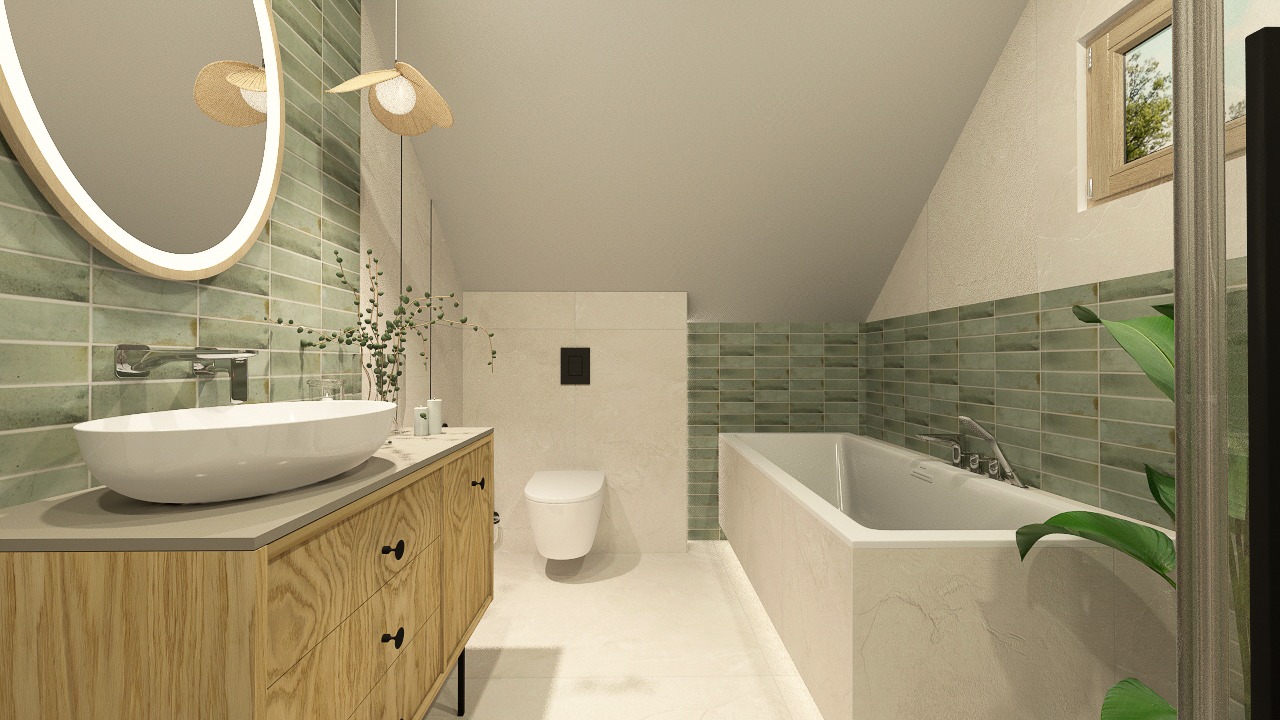 Jasna łazienka na poddaszu z zielonymi płytkami, drewnianą szafką pod umywalką i owalnym lustrem z podświetleniem LED. Minimalistyczny design, skandynawski styl.