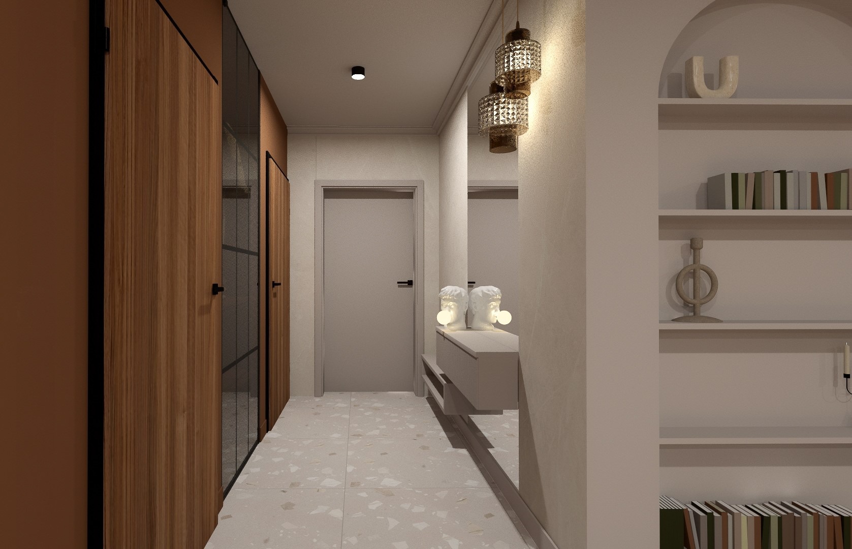 Wnętrze przedpokoju w neutralnych barwach: zabudowa szafy z drewnianymi frontami, dekoracyjne oświetlenie i regał z książkami. Projekt aranżacji wnętrza.