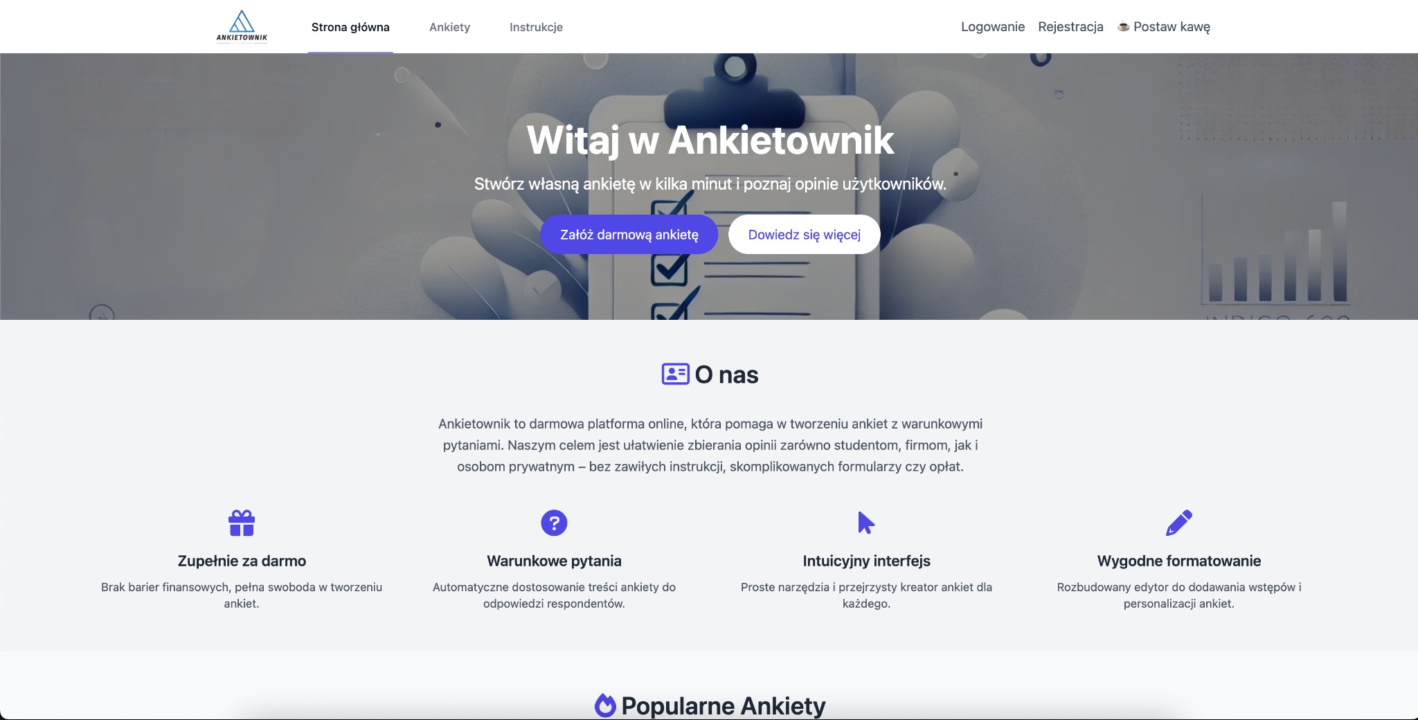 Strona główna serwisu Ankietownik.pl z nagłówkiem 'Witaj w Ankietownik' i przyciskami 'Załóż darmową ankietę' oraz 'Dowiedz się więcej'.