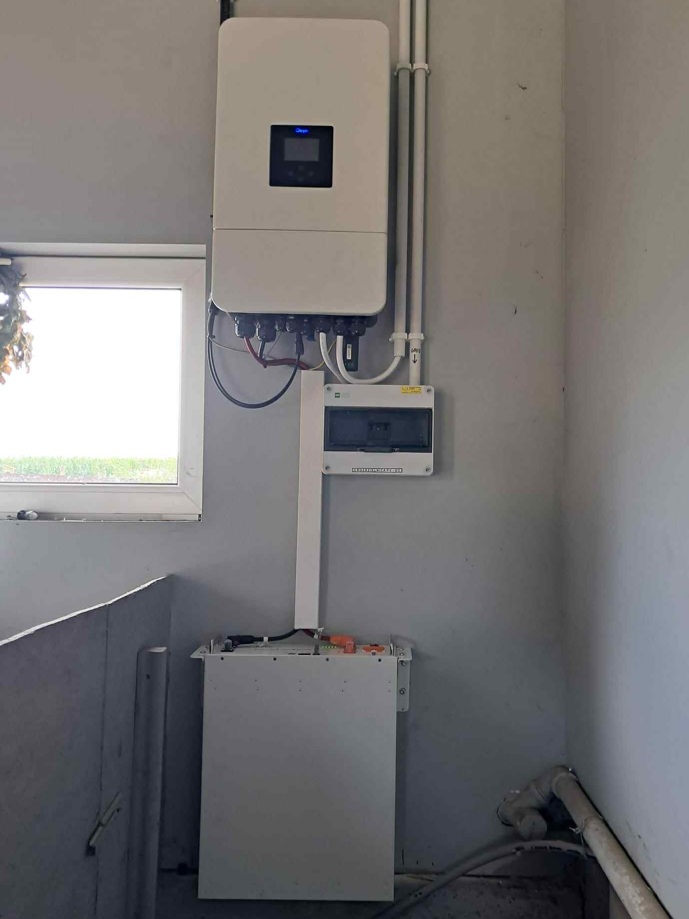 Biały inwerter fotowoltaiczny z podłączonymi kablami, skrzynką rozdzielczą i akumulatorem na szarej ścianie w pomieszczeniu z oknem. Widoczne rury instalacyjne.
