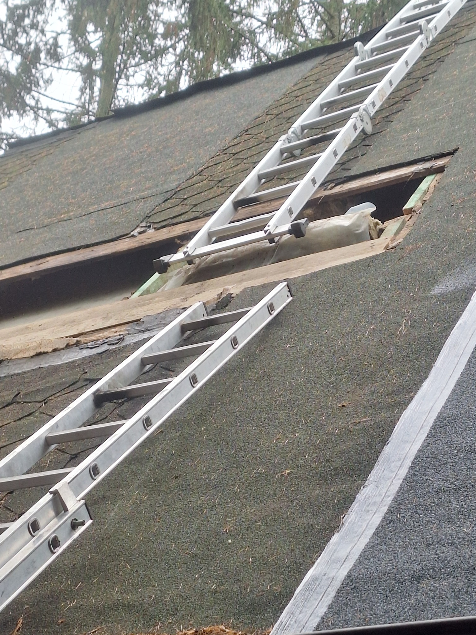 Uszkodzony dach z widocznym otworem i dwie aluminiowe drabiny opierające się o niego. Widoczne elementy konstrukcji dachu i izolacji. Dach pokryty papą.