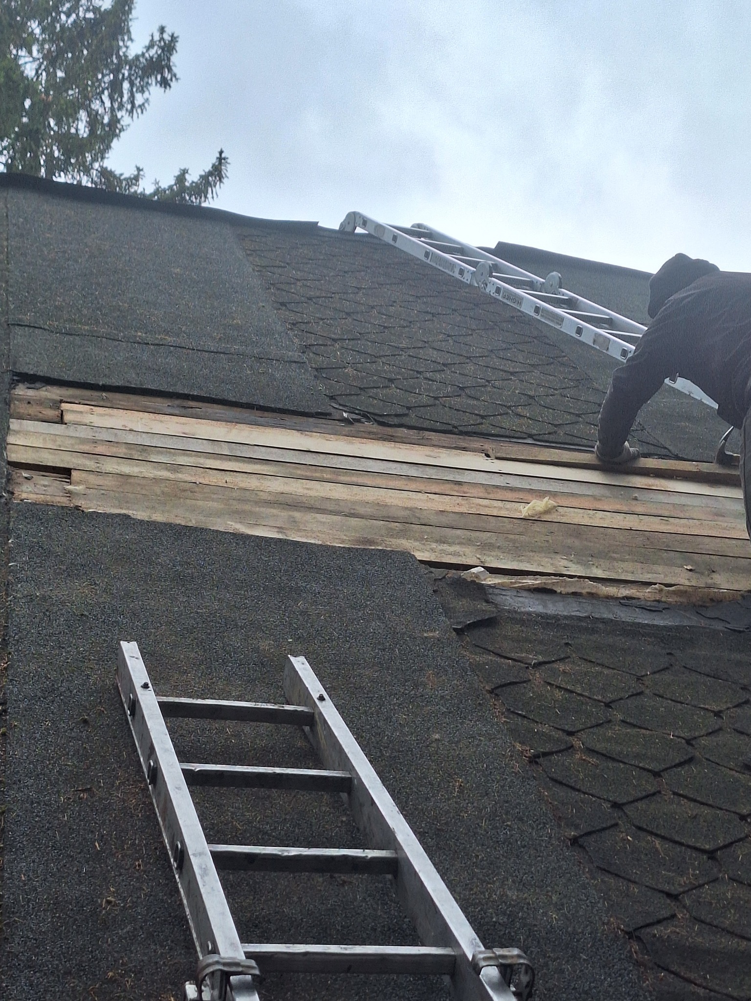 Praca na dachu z gontu bitumicznego w Wyszkowie. Widoczne dwie drabiny i fragment uszkodzonej konstrukcji. Dekarz w trakcie naprawy. Ujęcie z dołu.