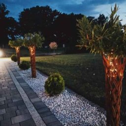 Oświetlony ogród z palmami w ozdobnych donicach, ścieżka z kostki i kamieni. Dekoracyjne oświetlenie podkreśla unikalny charakter przestrzeni po zmroku.