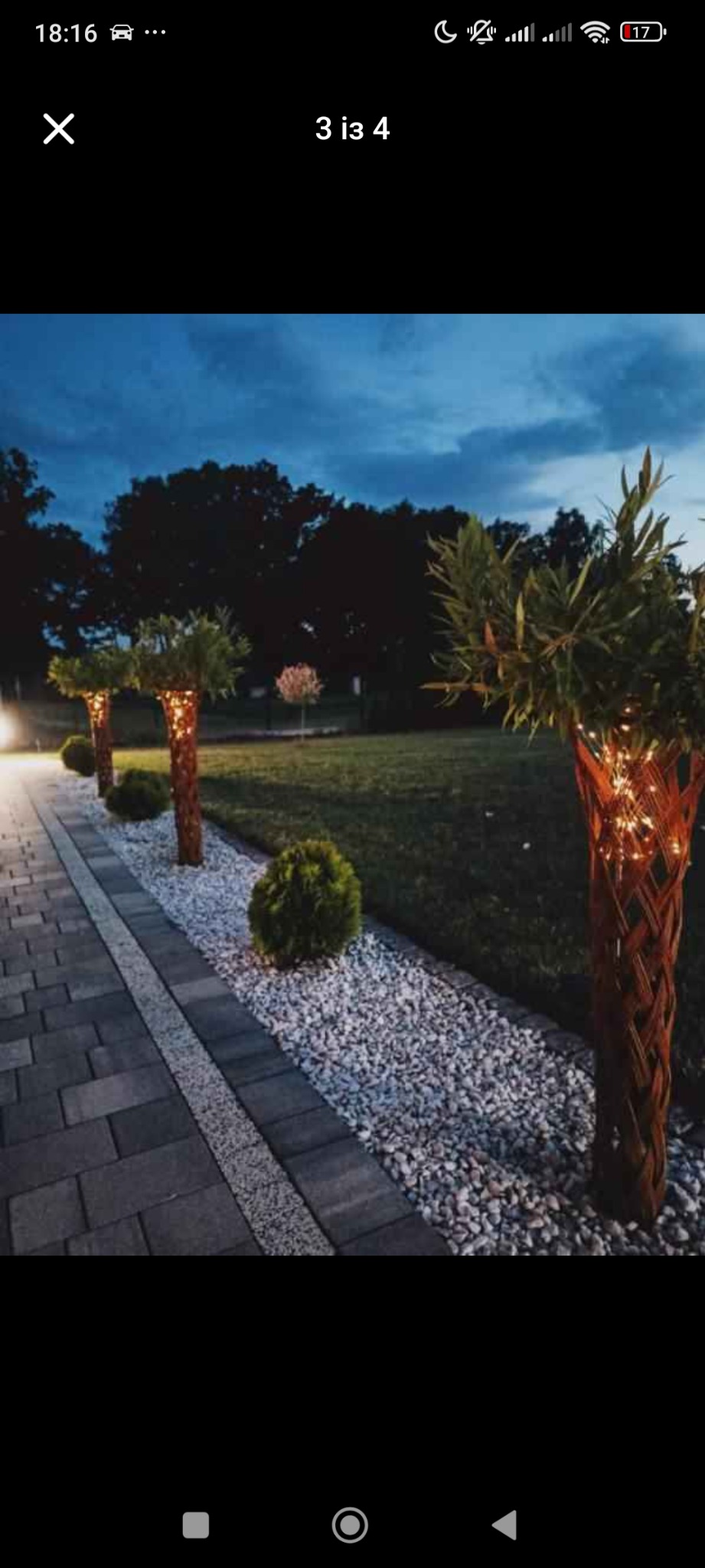 Oświetlony ogród z palmami w ozdobnych donicach, ścieżka z kostki i kamieni. Dekoracyjne oświetlenie podkreśla unikalny charakter przestrzeni po zmroku.