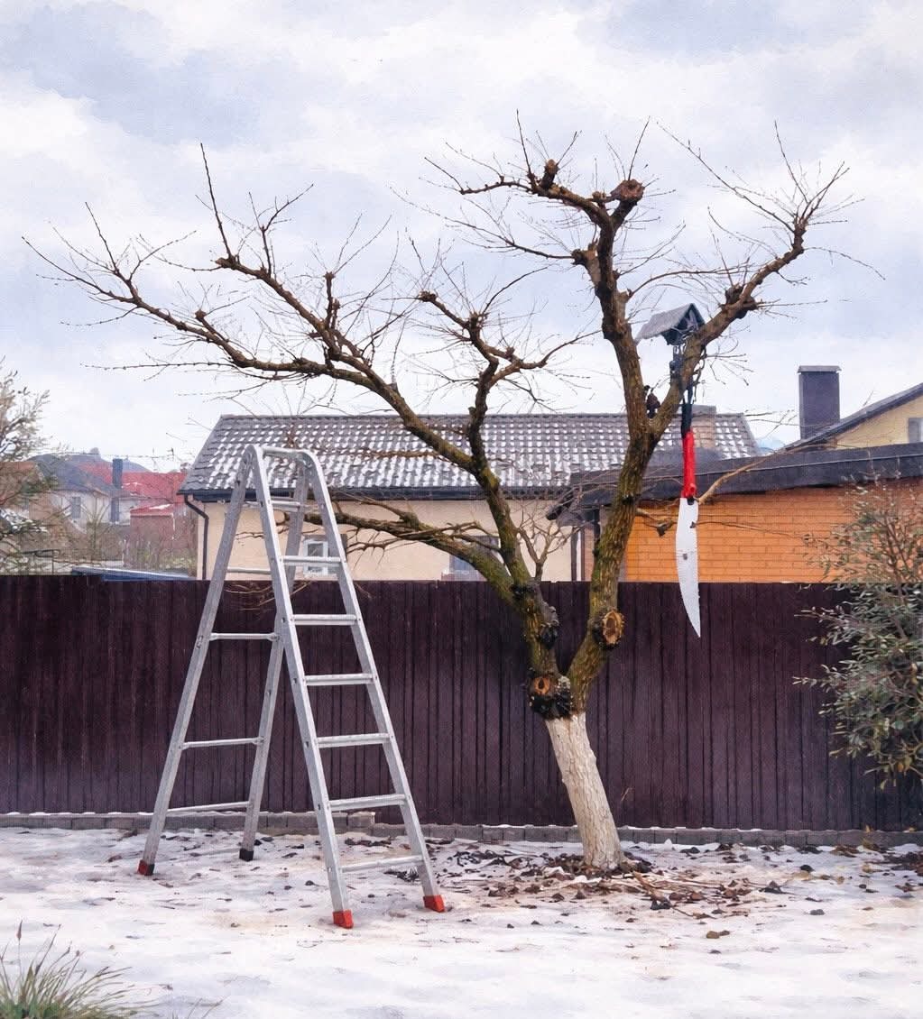 Przycięte drzewo owocowe w zimowym ogrodzie, biała farba na pniu, drabina aluminiowa i sekator na wysięgniku. Brązowe ogrodzenie w tle.