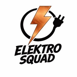 ElektroSquad Krystian Składan - Grafika wektorowa: Złoty piorun w czarnym okręgu, czarna wtyczka i napis 'ELEKTRO SQUAD' w czerni. Logo firmy elektrycznej na białym tle.