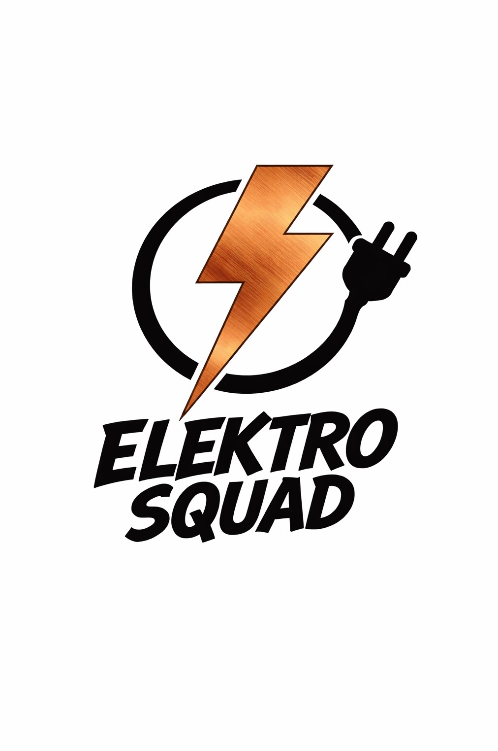 Grafika wektorowa: Złoty piorun w czarnym okręgu, czarna wtyczka i napis 'ELEKTRO SQUAD' w czerni. Logo firmy elektrycznej na białym tle.