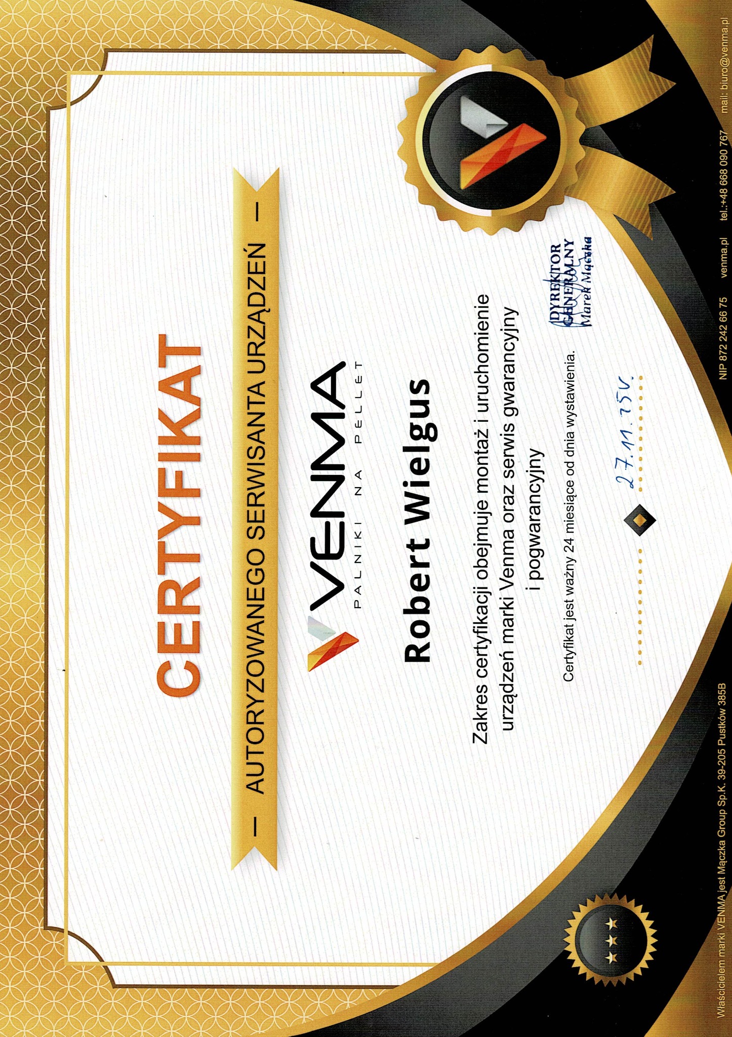 Certyfikat autoryzowanego serwisanta urządzeń Venma, potwierdzający uprawnienia do montażu, uruchomienia i serwisu gwarancyjnego oraz pogwarancyjnego.