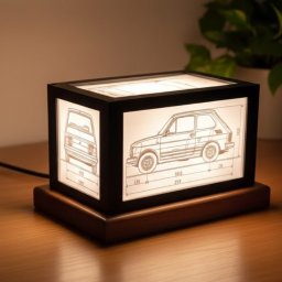 3D LOOP KRZYSZTOF CHUDZIO - Podświetlana lampka z czarną ramką, prezentująca rysunek techniczy Fiata 126p z wymiarami, umieszczona na drewnianej podstawie. Ciepłe światło, roślina w tle.